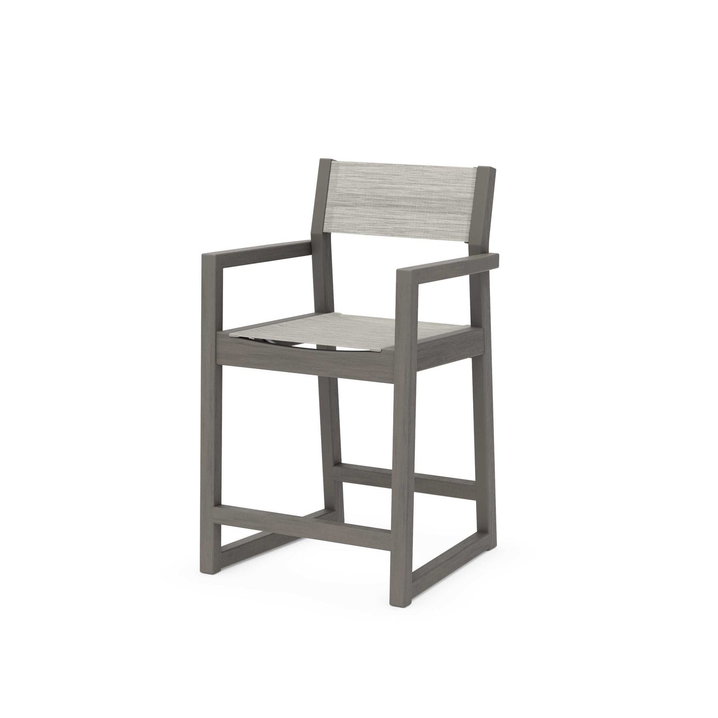 POLYWOOD EDGE Sling Counter Arm Chair — Driftwood / Birch Sling