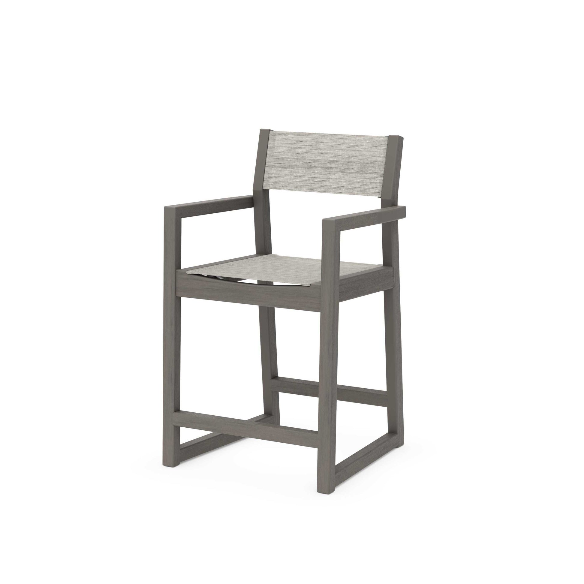POLYWOOD EDGE Sling Counter Arm Chair — Driftwood / Birch Sling