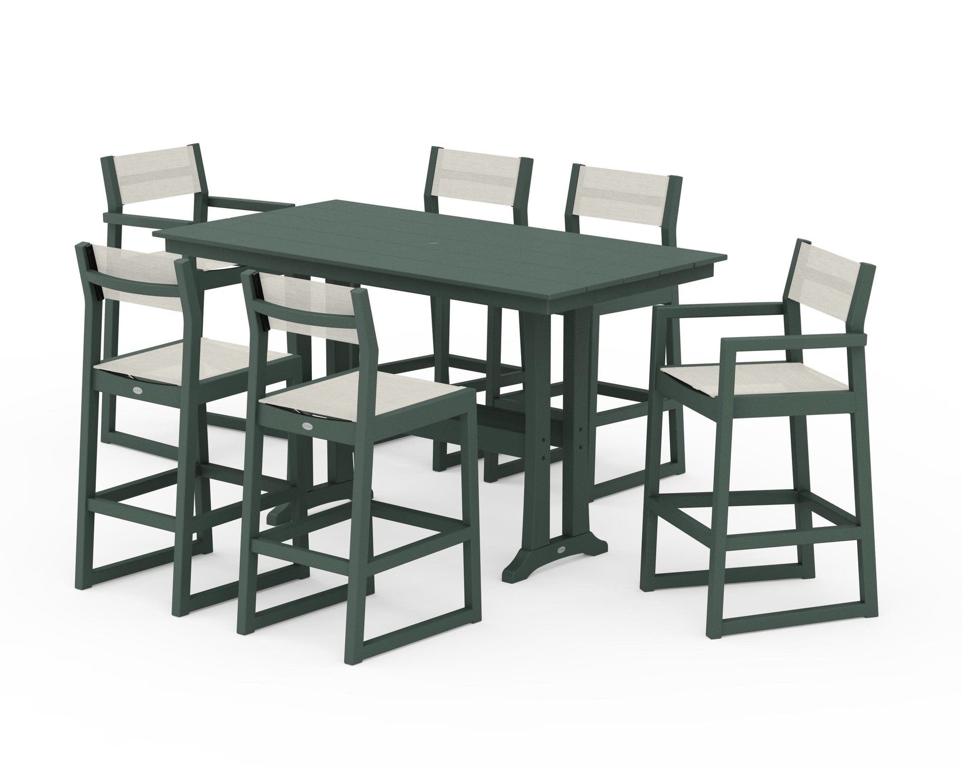 POLYWOOD EDGE Sling 7-Piece Farmhouse Bar Set with Trestle Legs — Green / Parchment Sling