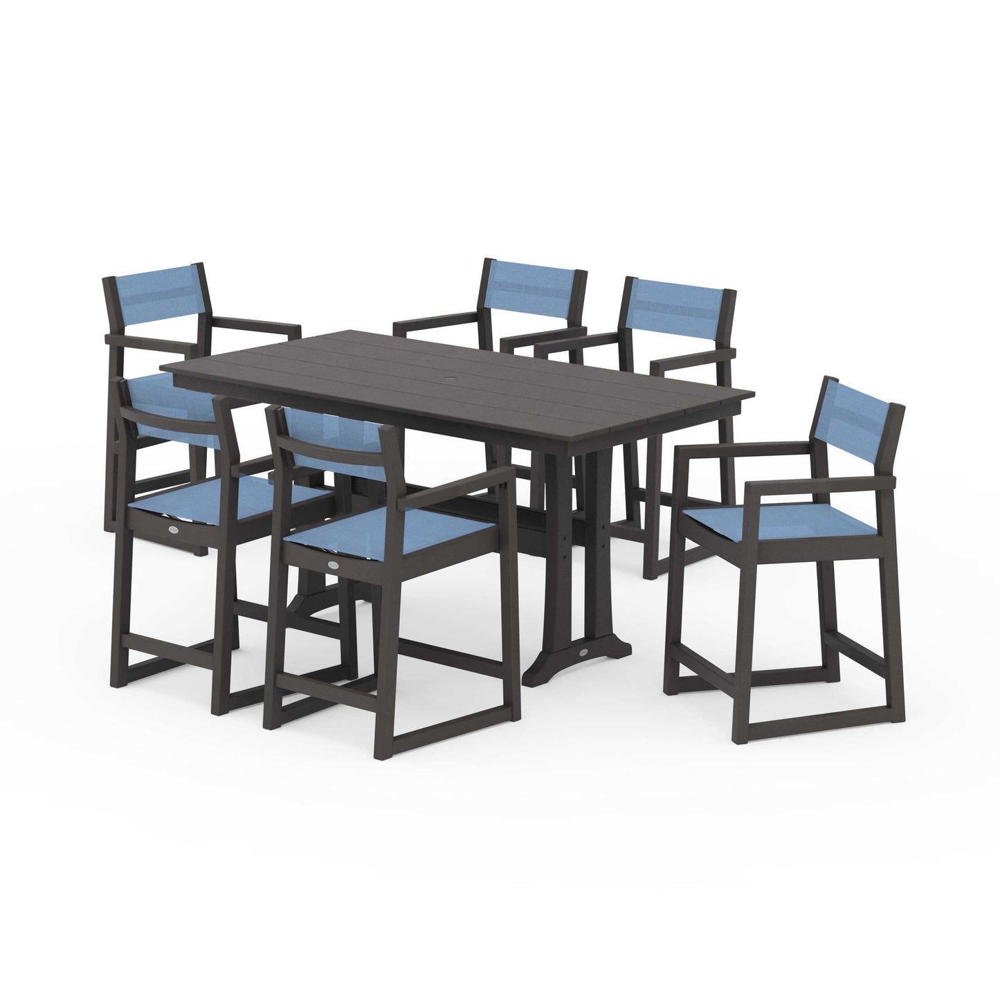 POLYWOOD EDGE Sling Arm Chair 7-Piece Farmhouse Counter Set with Trestle Legs — Vintage Coffee / Poolside Sling