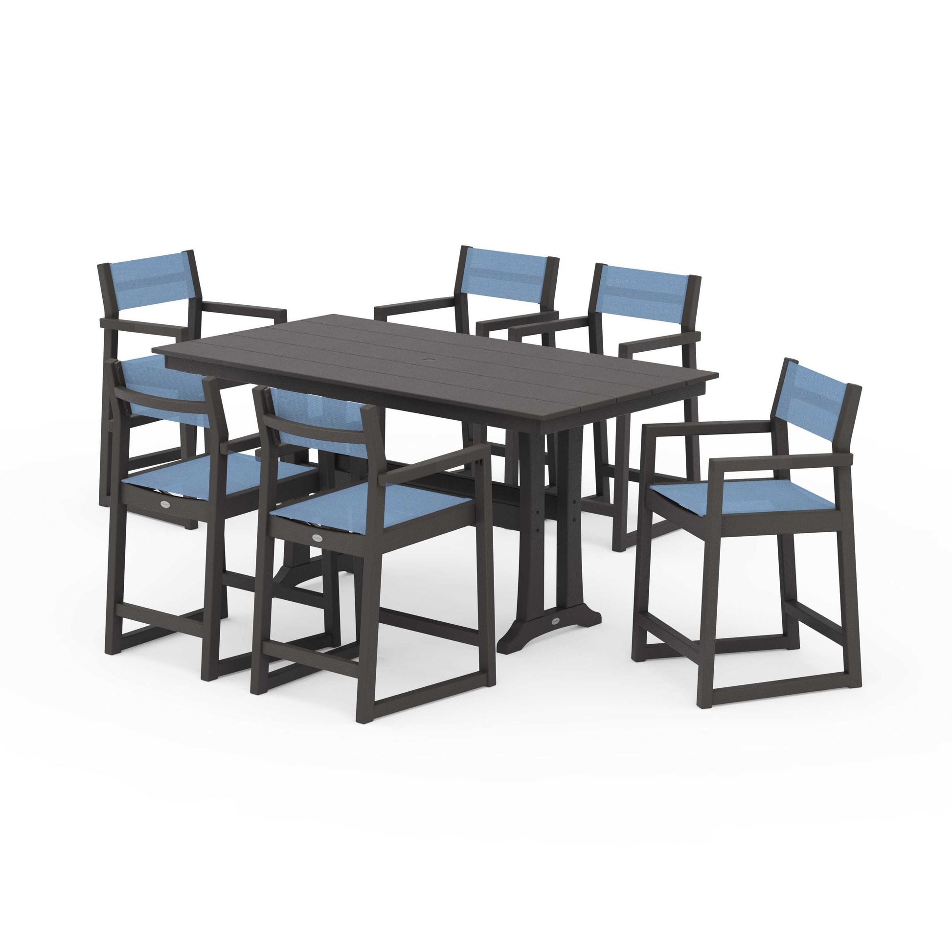 POLYWOOD EDGE Sling Arm Chair 7-Piece Farmhouse Counter Set with Trestle Legs — Vintage Coffee / Poolside Sling