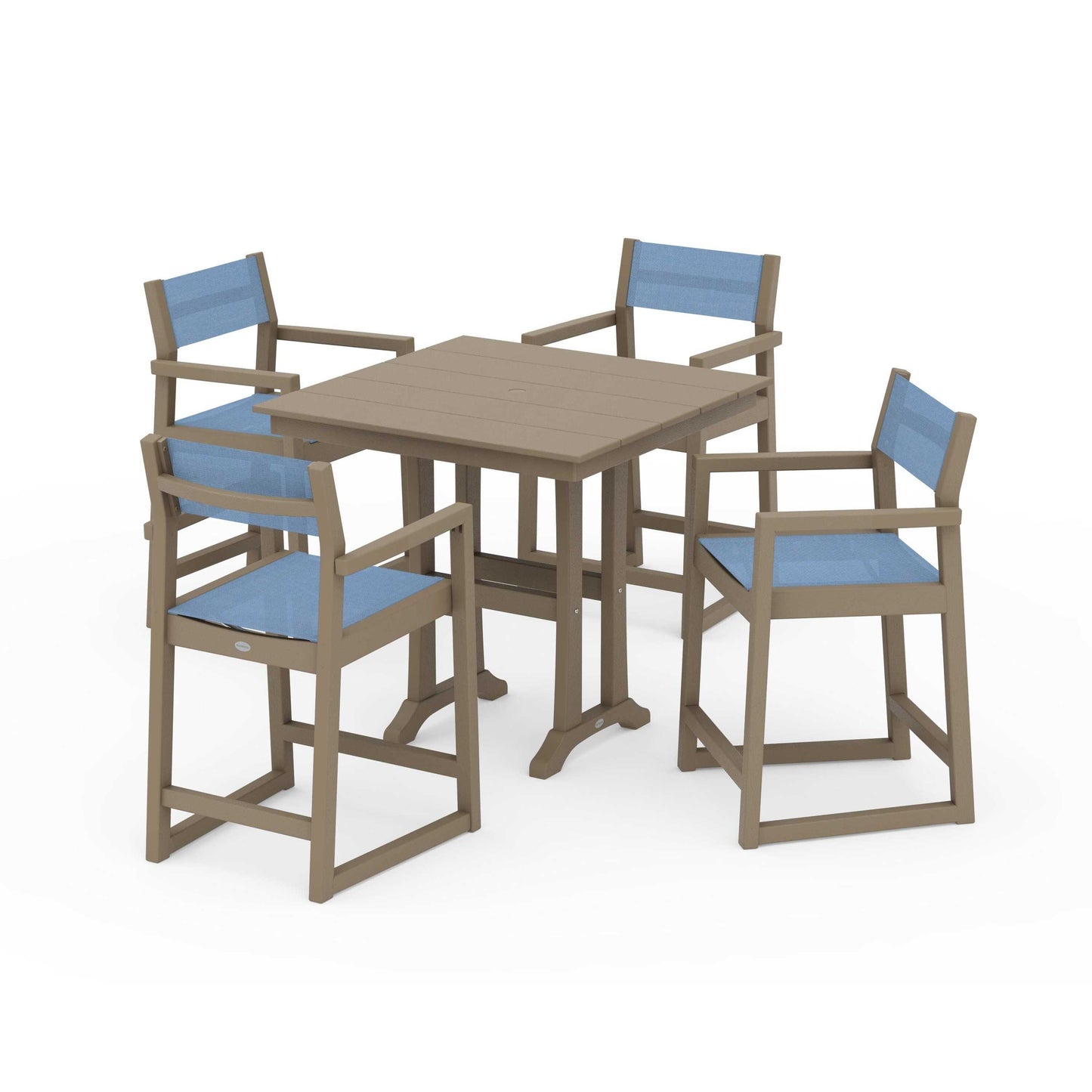 POLYWOOD EDGE Sling Arm Chair 5-Piece Farmhouse Counter Set with Trestle Legs — Vintage Sahara / Poolside Sling