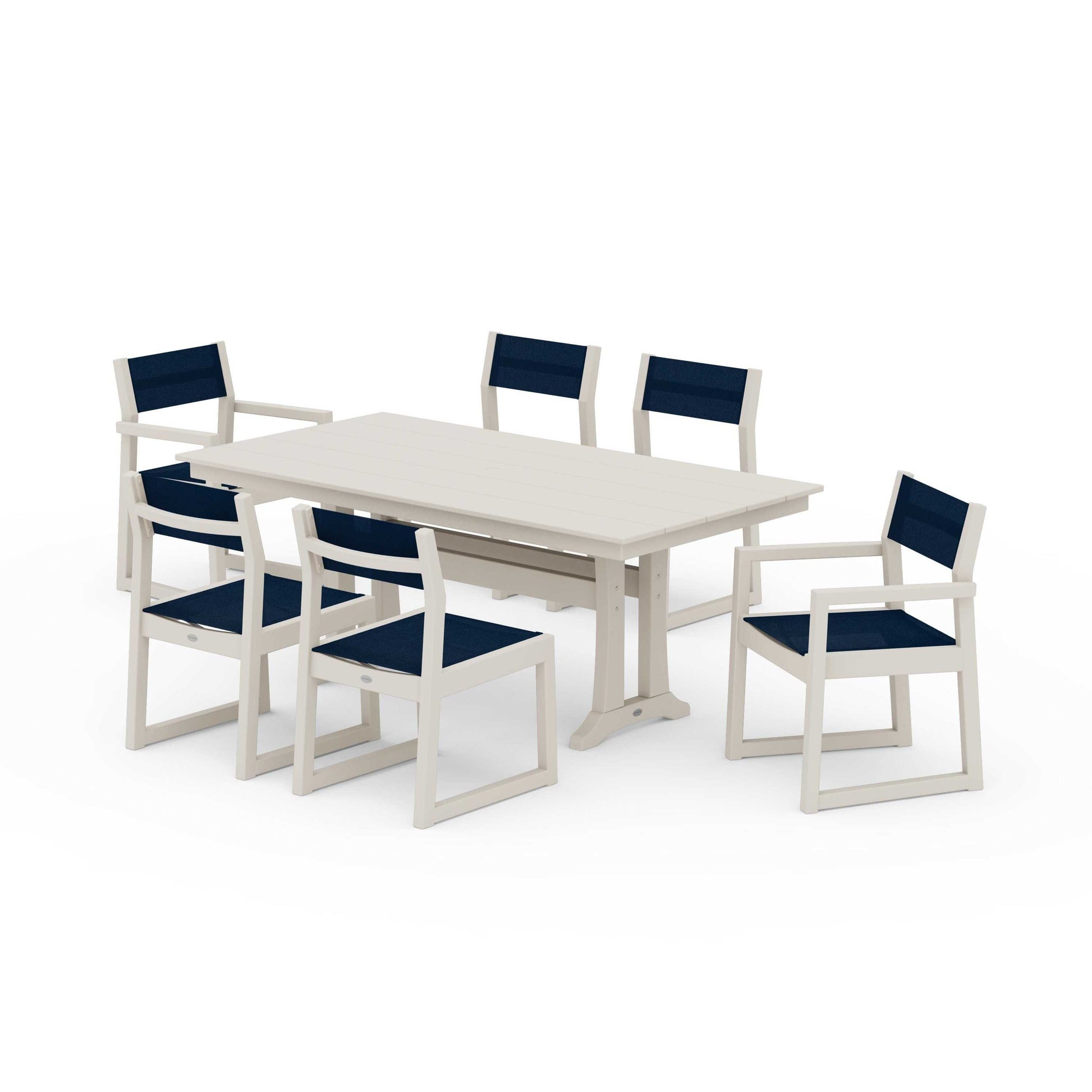POLYWOOD EDGE Sling 7-Piece Farmhouse Trestle Dining Set — Sand / Navy Blue Sling
