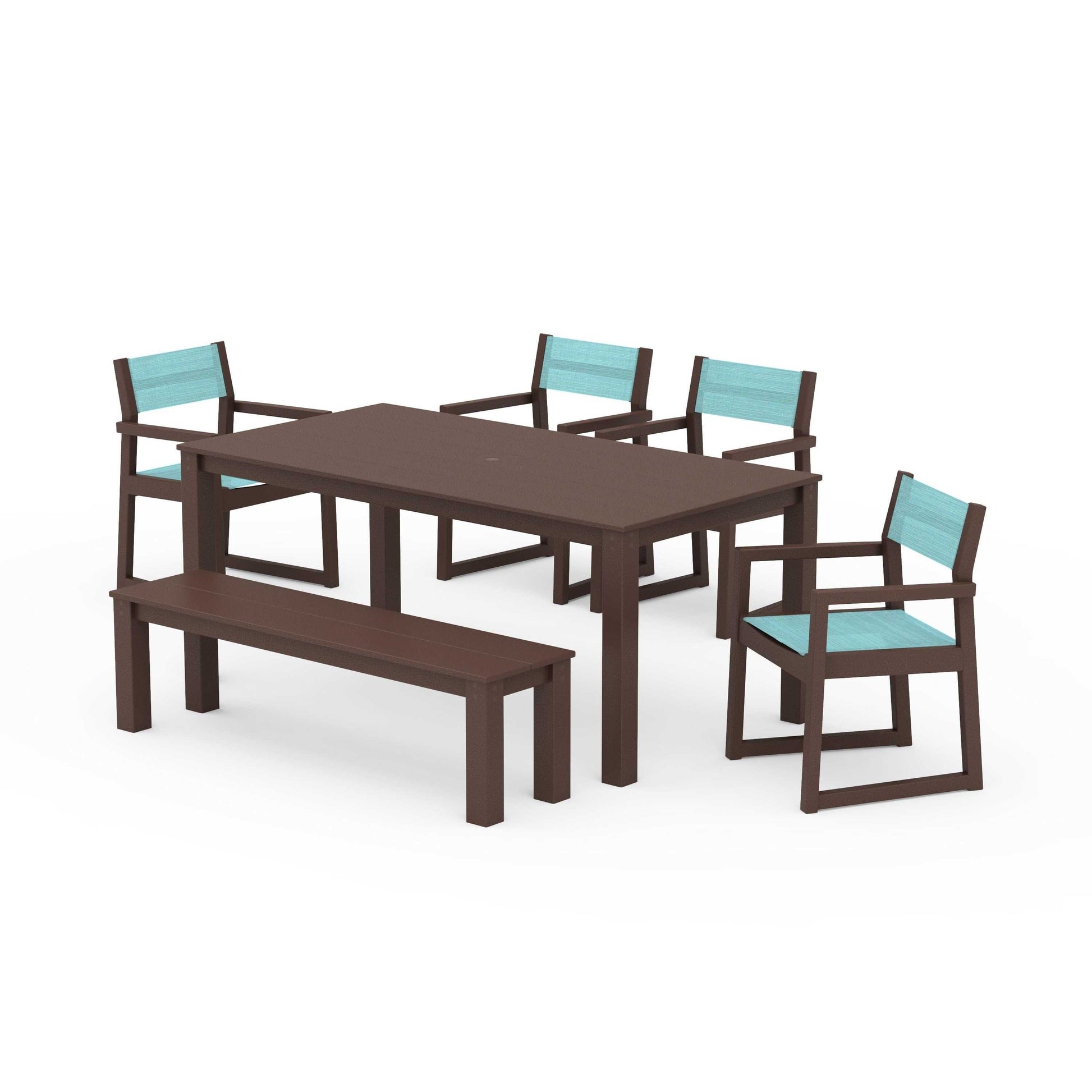 POLYWOOD EDGE Sling Arm Chair 6-Piece Parsons Dining Set with Bench — Mahogany / Dupioni Aquamarine Sling