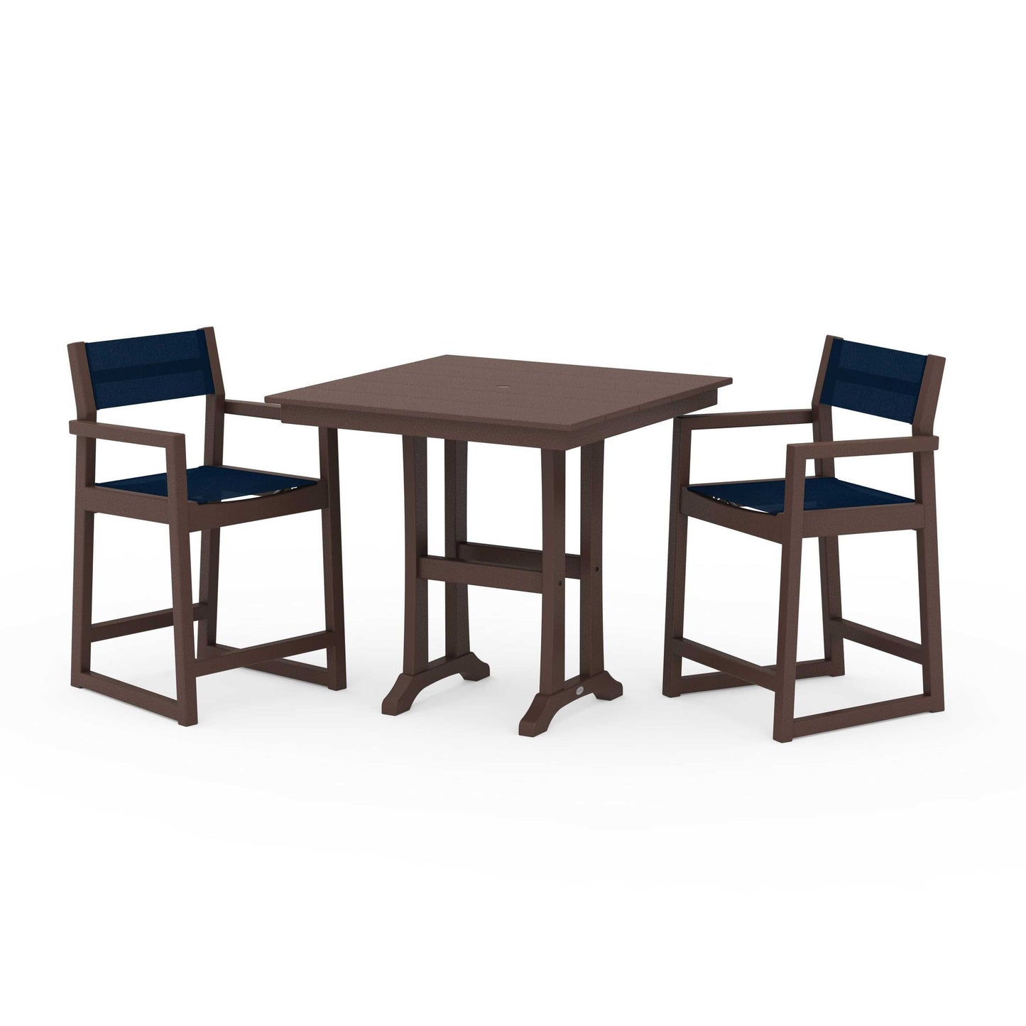 POLYWOOD EDGE Sling Arm Chair 3-Piece Farmhouse Counter Set with Trestle Legs — Mahogany / Navy Blue Sling