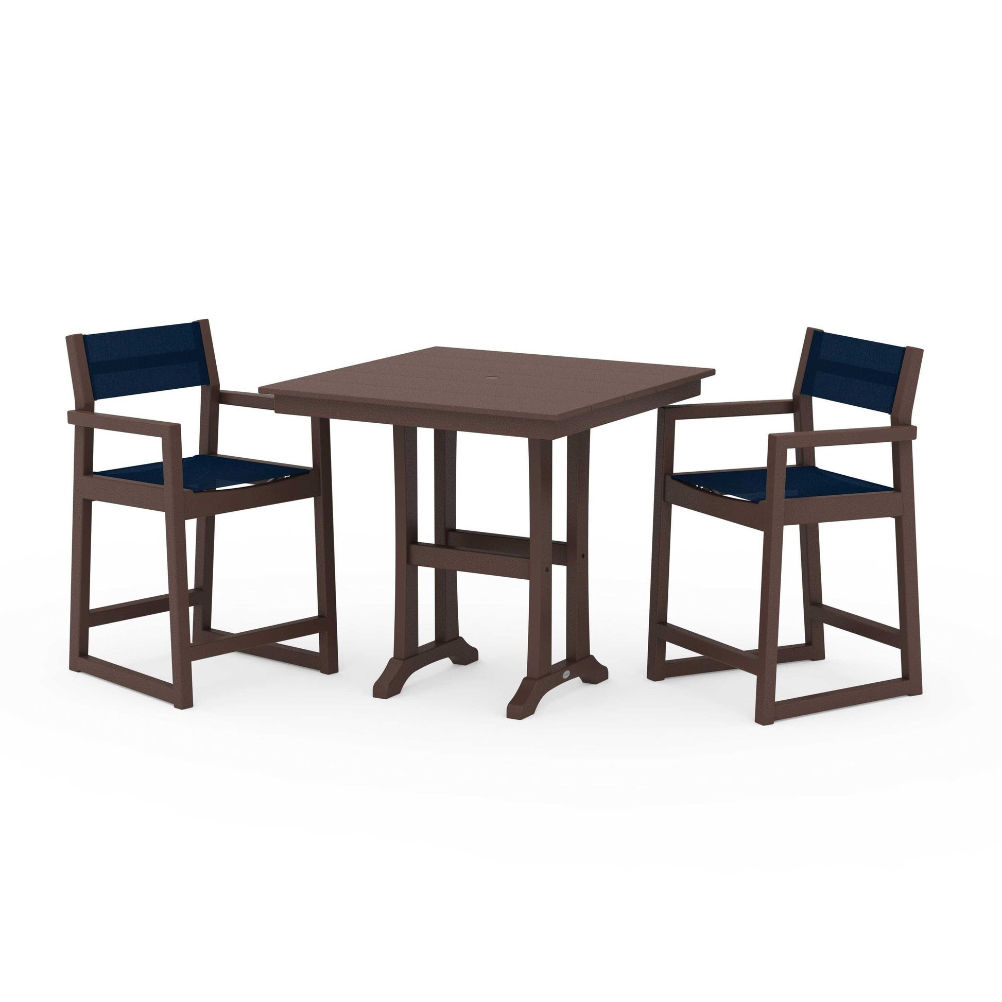 POLYWOOD EDGE Sling Arm Chair 3-Piece Farmhouse Counter Set with Trestle Legs — Mahogany / Navy Blue Sling
