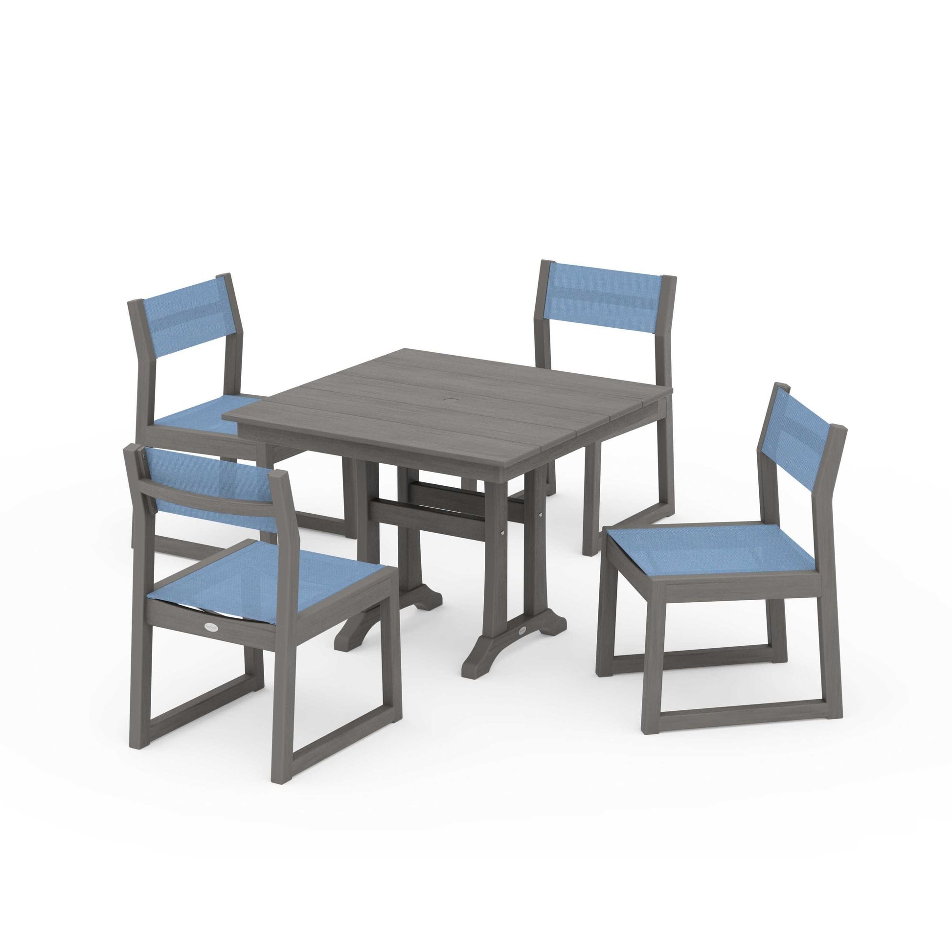 POLYWOOD EDGE Sling 5-Piece Farmhouse Trestle Side Chair Dining Set — Driftwood / Poolside Sling