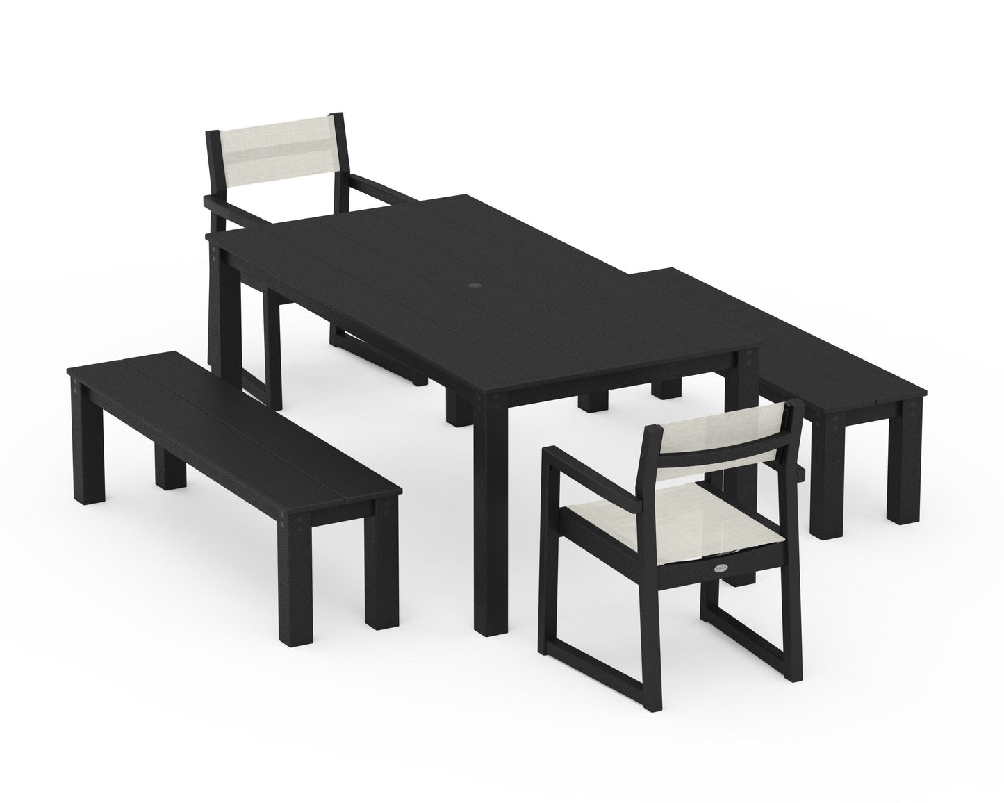 POLYWOOD EDGE Sling Arm Chair 5-Piece Parsons Dining Set with Benches — Black / Parchment Sling