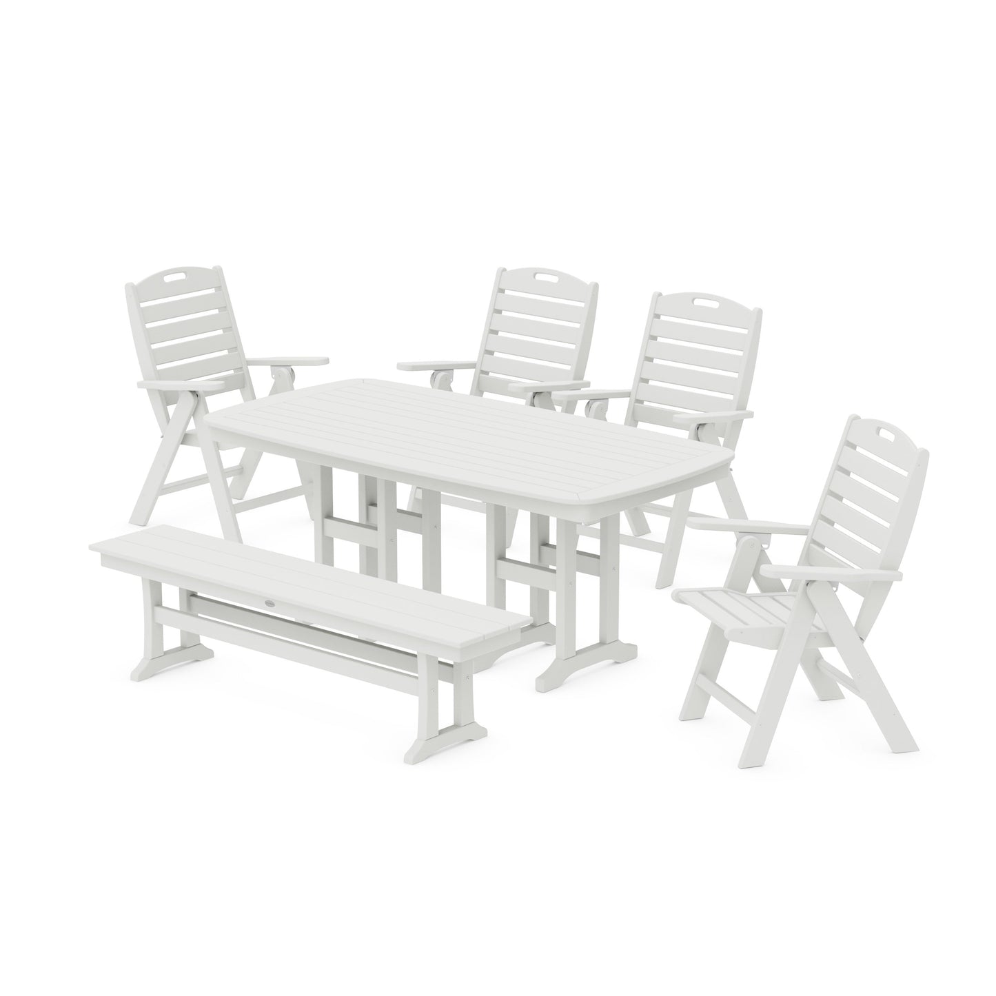 POLYWOOD Nautical Highback 6-Piece Dining Set with Bench — Vintage White