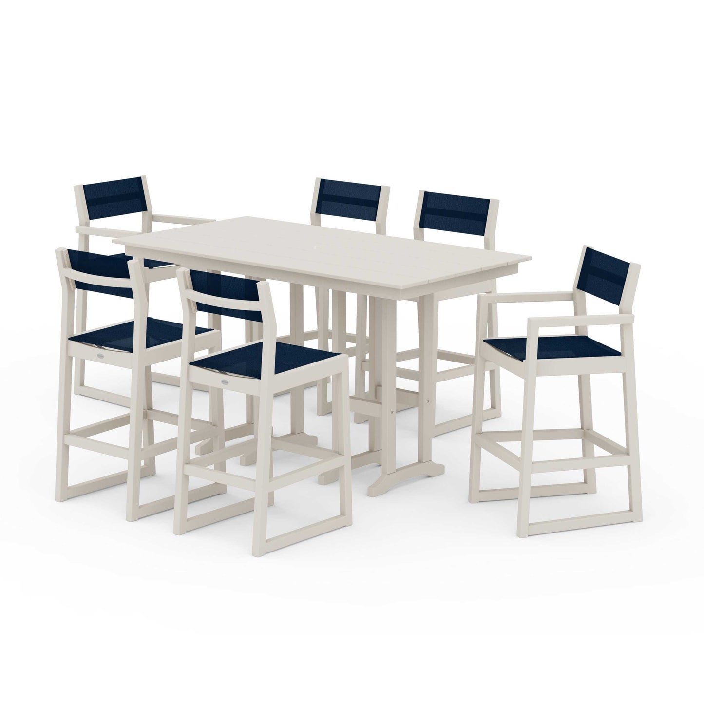 POLYWOOD EDGE Sling 7-Piece Farmhouse Bar Set — Sand / Navy Blue Sling