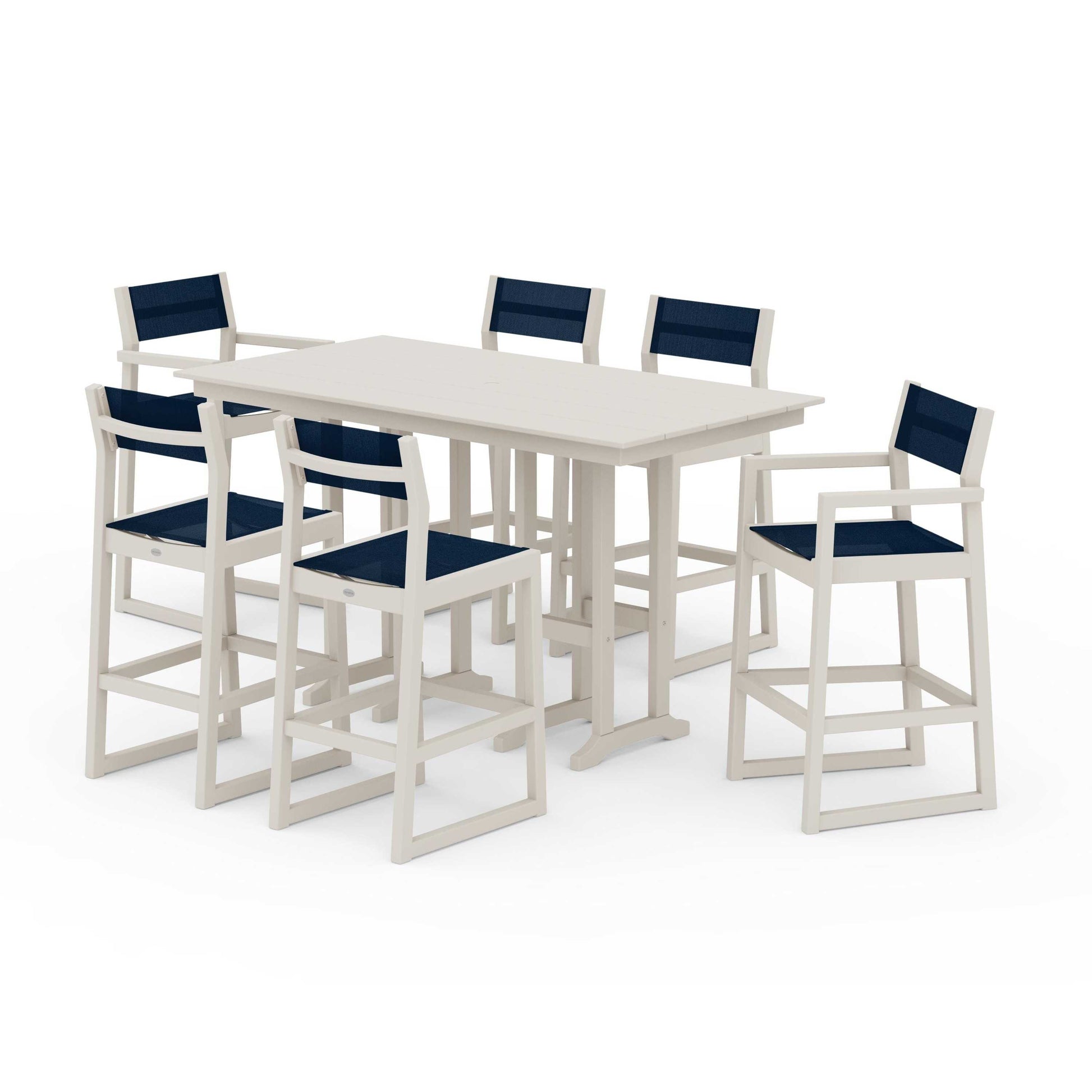 POLYWOOD EDGE Sling 7-Piece Farmhouse Bar Set — Sand / Navy Blue Sling