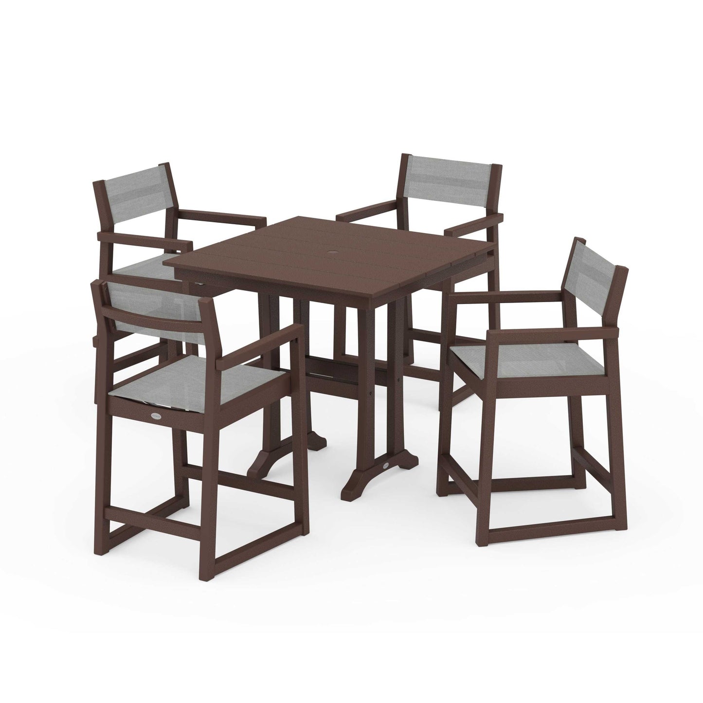 POLYWOOD EDGE Sling Arm Chair 5-Piece Farmhouse Counter Set with Trestle Legs — Mahogany / Metallic Sling
