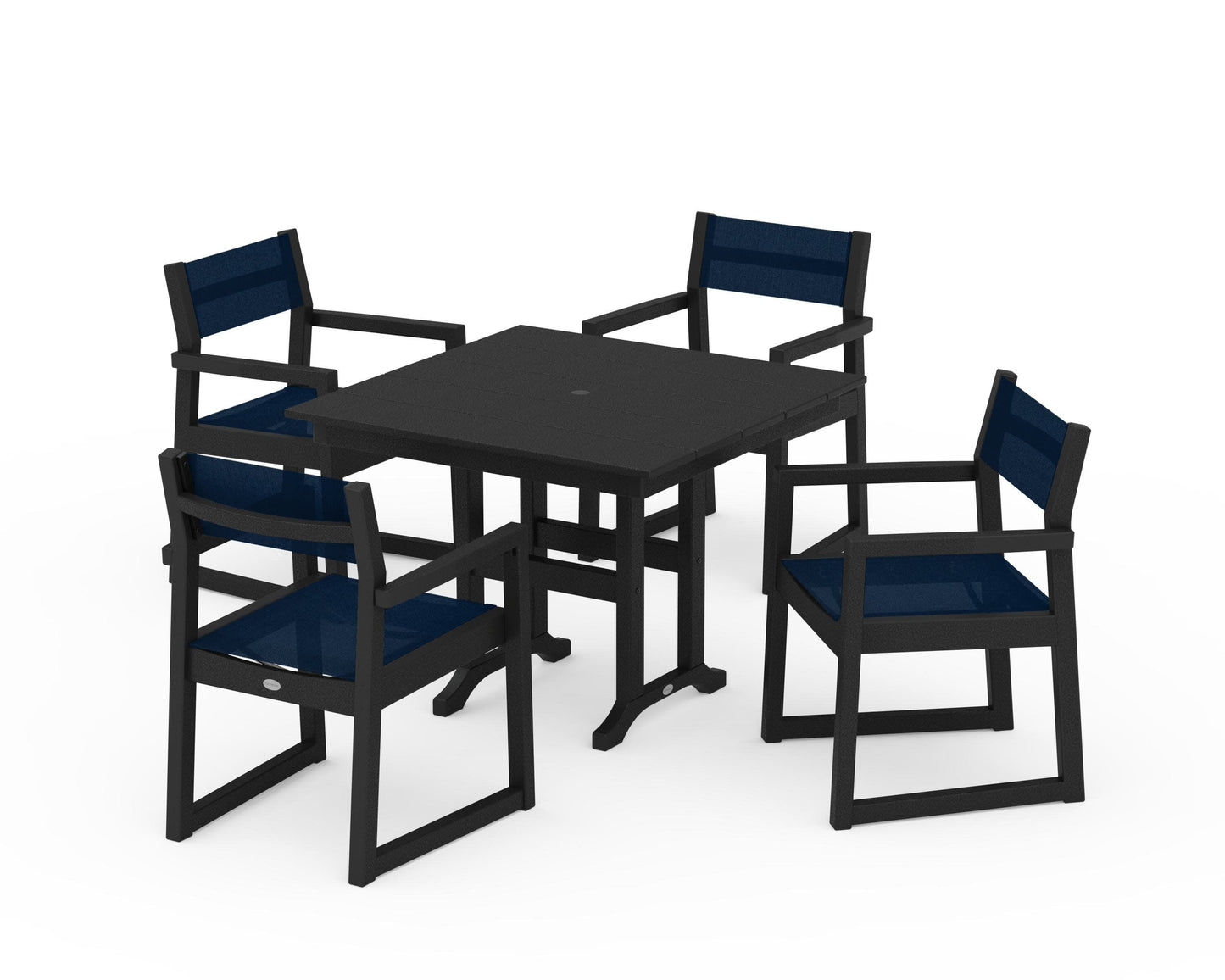 POLYWOOD EDGE Sling Arm Chair 5-Piece Farmhouse Dining Set — Black / Navy Blue Sling