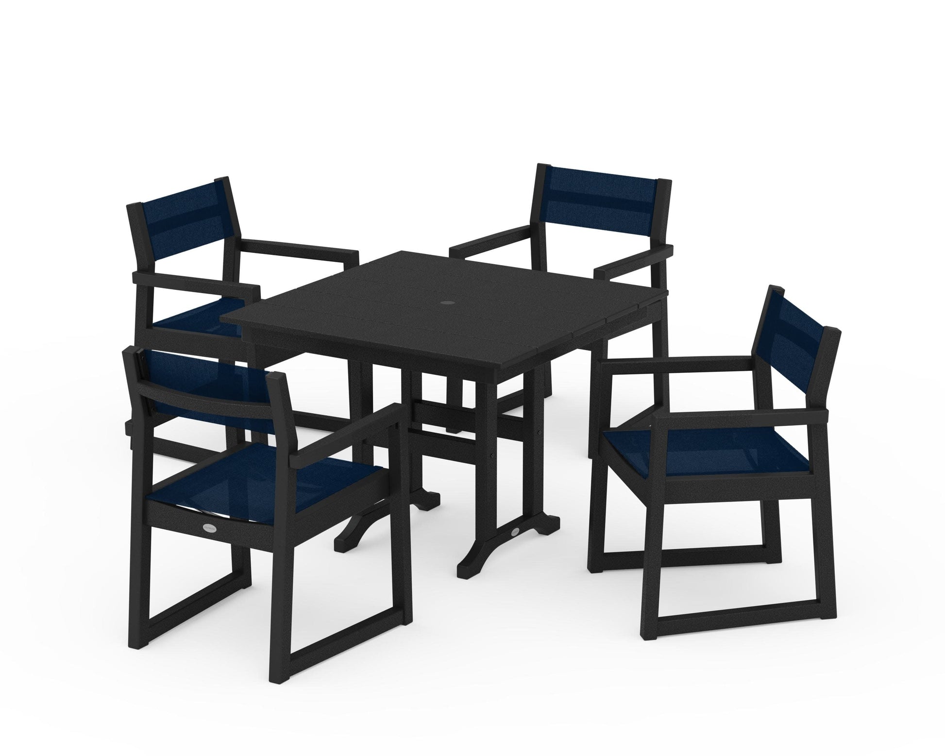 POLYWOOD EDGE Sling Arm Chair 5-Piece Farmhouse Dining Set — Black / Navy Blue Sling