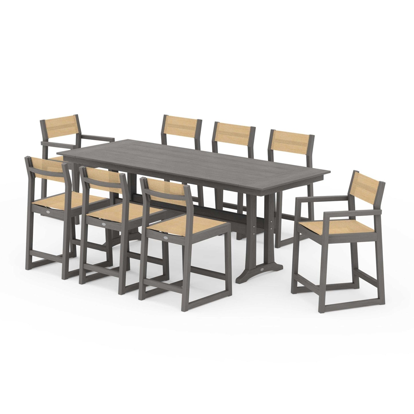 POLYWOOD EDGE Sling 9-Piece Farmhouse Counter Set with Trestle Legs — Driftwood / Dupioni Apricot Sling