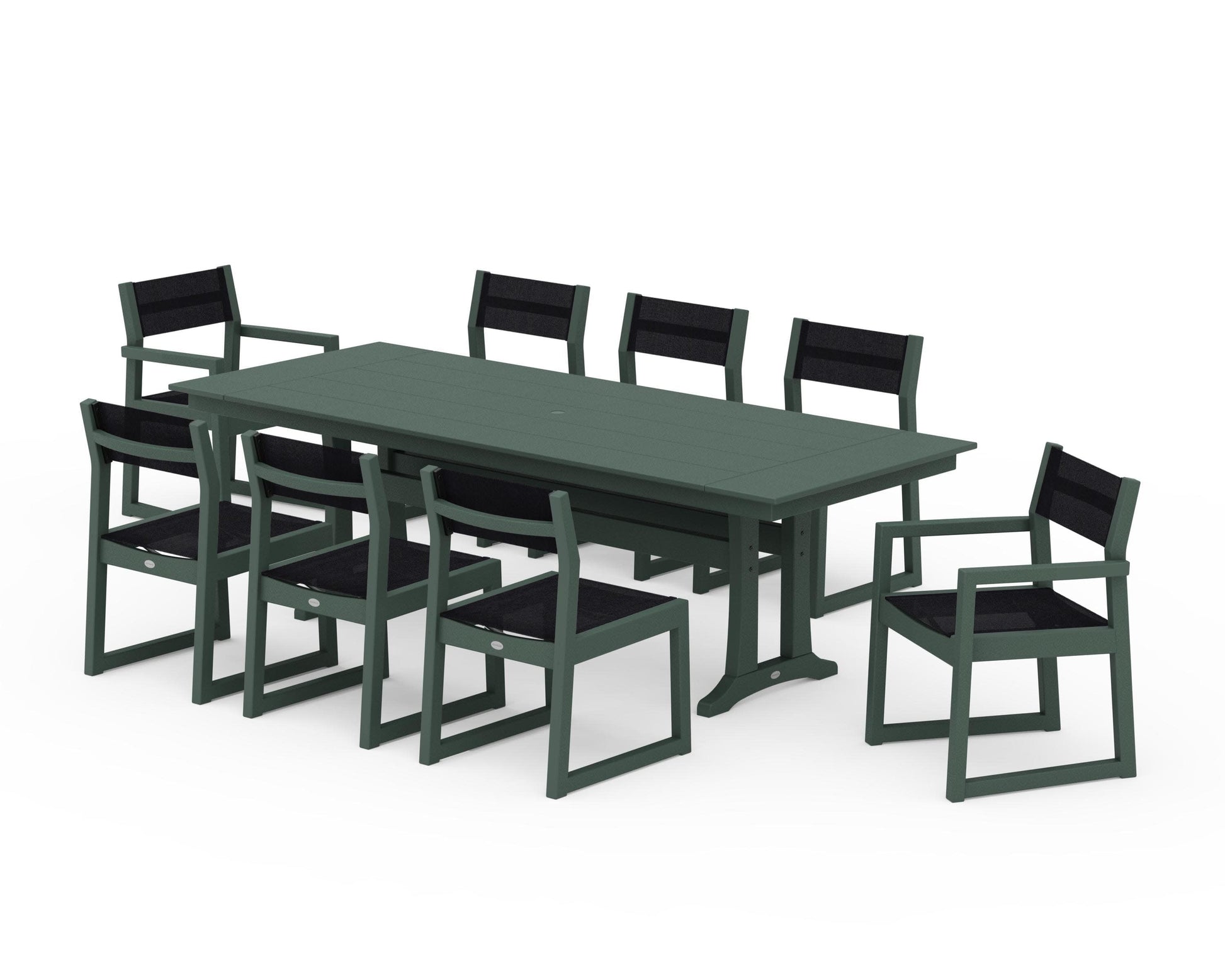 POLYWOOD EDGE Sling 9-Piece Farmhouse Trestle Dining Set — Green / Black Sling