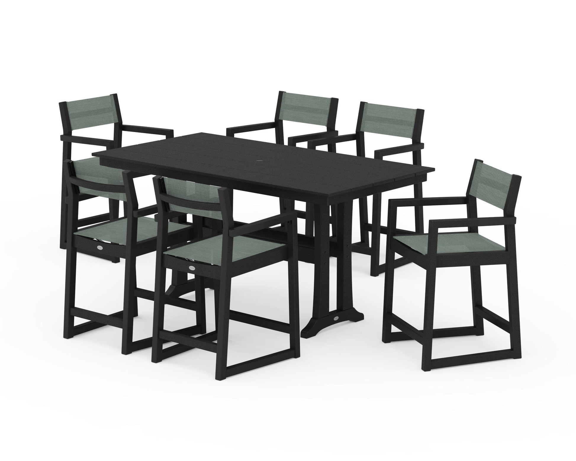 POLYWOOD EDGE Sling Arm Chair 7-Piece Farmhouse Counter Set with Trestle Legs — Black / Dupioni Sea Mist Sling