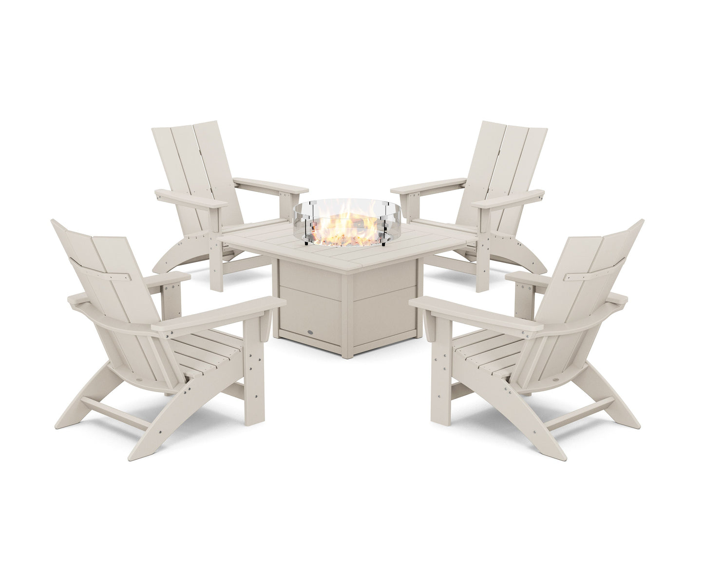 POLYWOOD 5-Piece Modern Grand Adirondack Conversation Set with Fire Pit Table — Sand