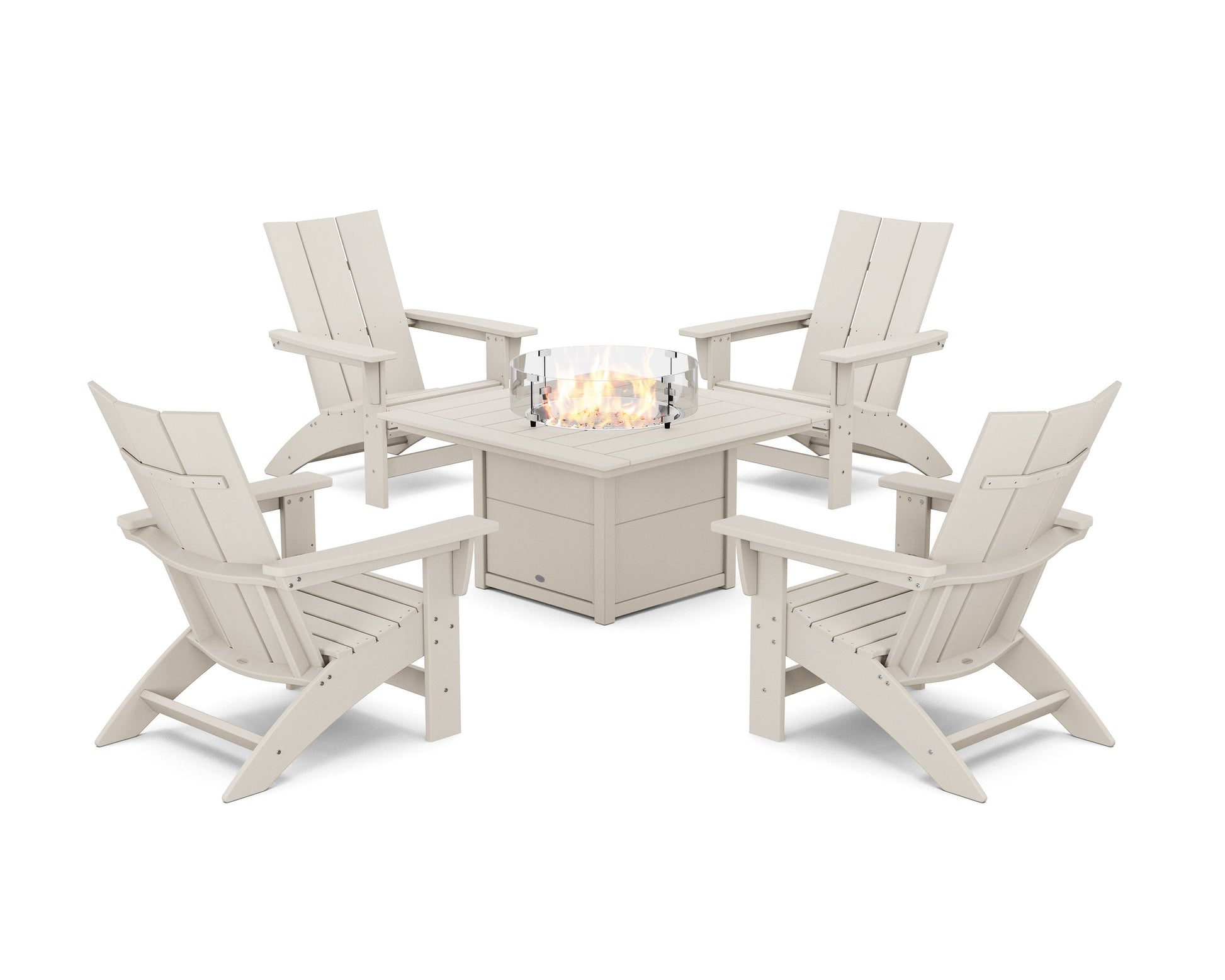 POLYWOOD 5-Piece Modern Grand Adirondack Conversation Set with Fire Pit Table — Sand