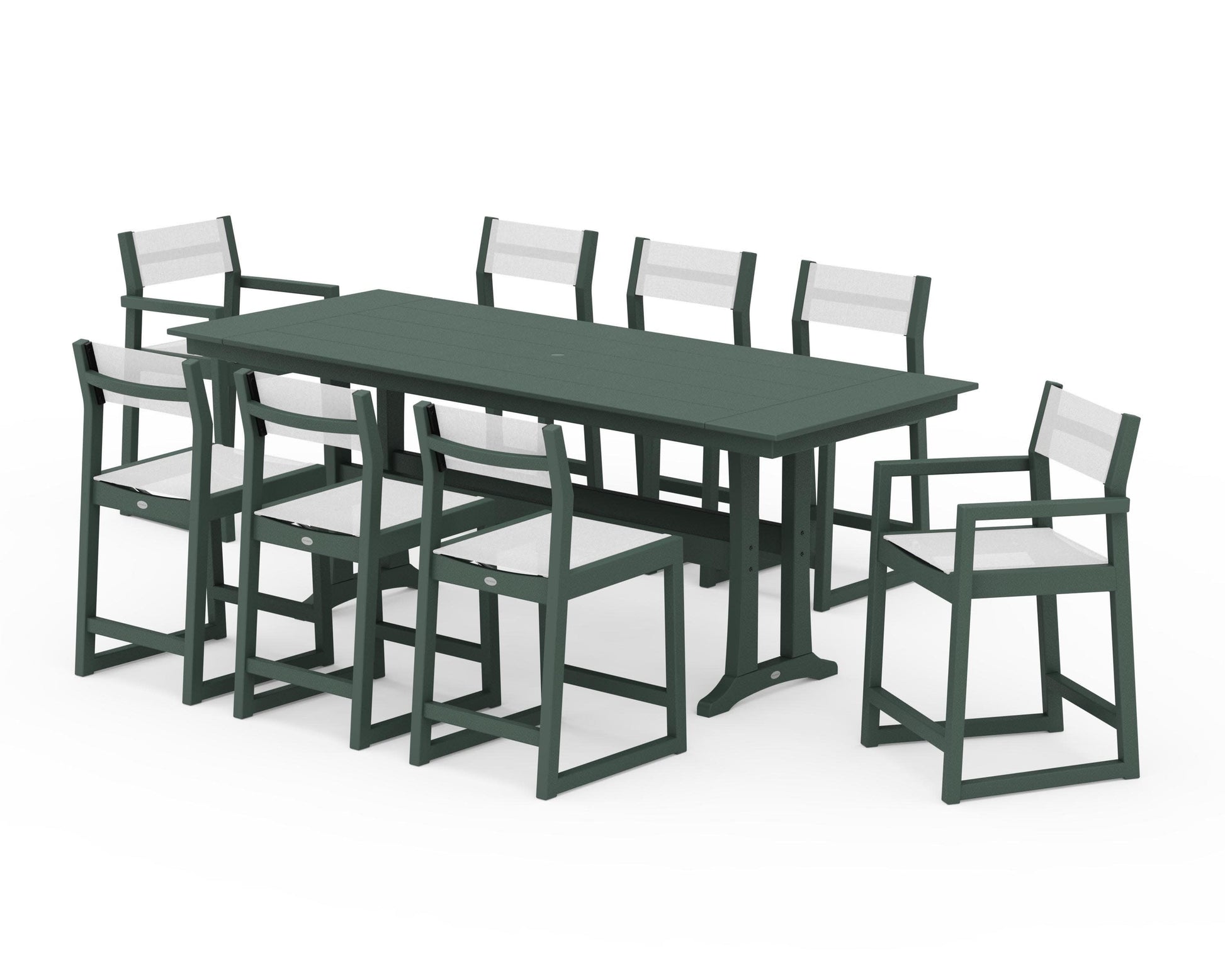 POLYWOOD EDGE Sling 9-Piece Farmhouse Counter Set with Trestle Legs — Green / White Sling