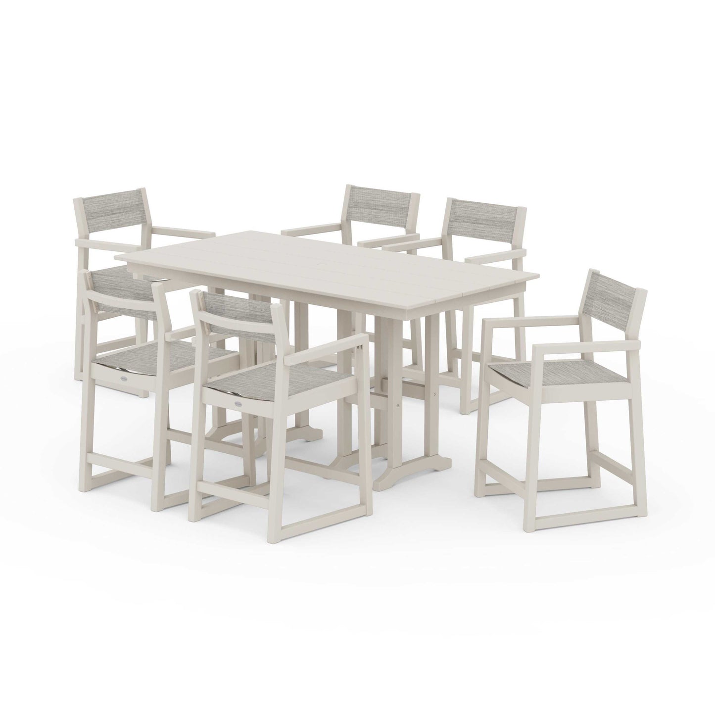 POLYWOOD EDGE Sling Arm Chair 7-Piece Farmhouse Counter Set — Sand / Birch Sling