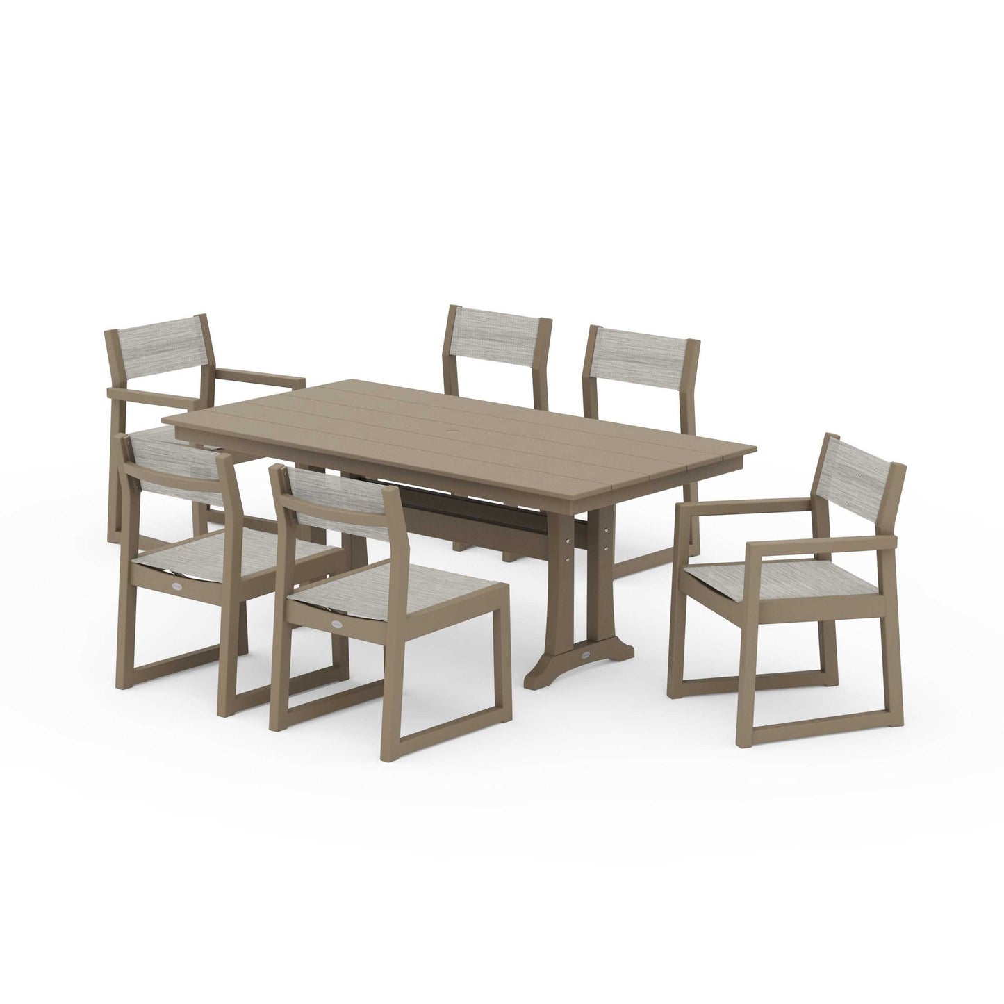 POLYWOOD EDGE Sling 7-Piece Farmhouse Trestle Dining Set — Vintage Sahara / Birch Sling