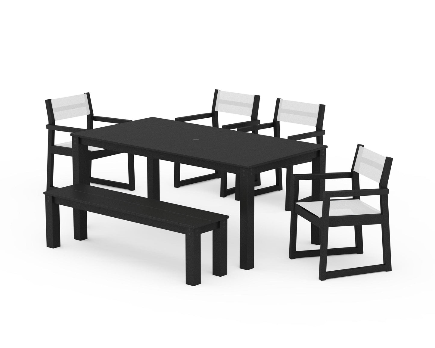 POLYWOOD EDGE Sling Arm Chair 6-Piece Parsons Dining Set with Bench — Black / White Sling