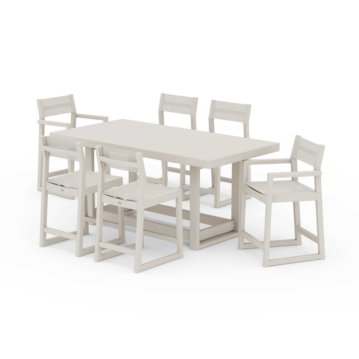 POLYWOOD EDGE Sling 7-Piece Counter Table Set — Sand / Parchment Sling