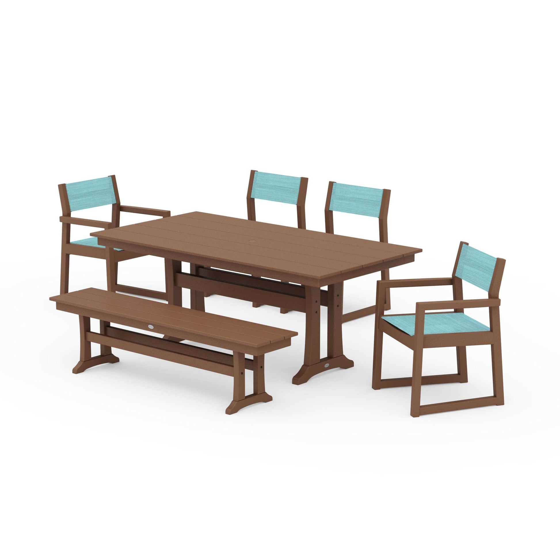 POLYWOOD EDGE Sling 6-Piece Farmhouse Dining Set With Trestle Legs — Teak / Dupioni Aquamarine Sling