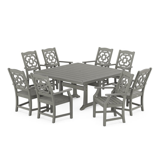 POLYWOOD Chinoiserie 9-Piece Square Dining Set with Trestle Legs — Slate Grey