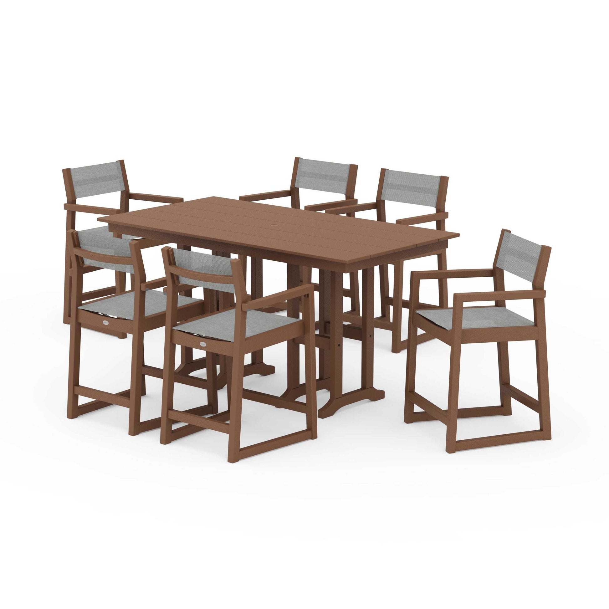 POLYWOOD EDGE Sling Arm Chair 7-Piece Farmhouse Counter Set — Teak / Metallic Sling