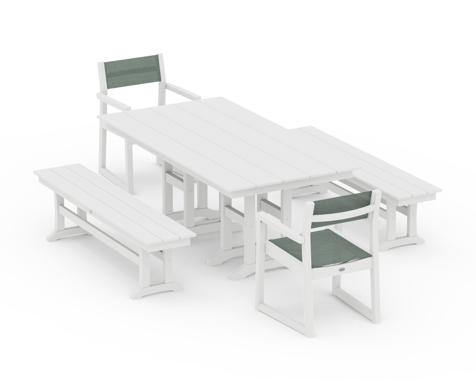 POLYWOOD EDGE Sling Arm Chair 5-Piece Farmhouse Dining Set with Benches — White / Dupioni Sea Mist Sling