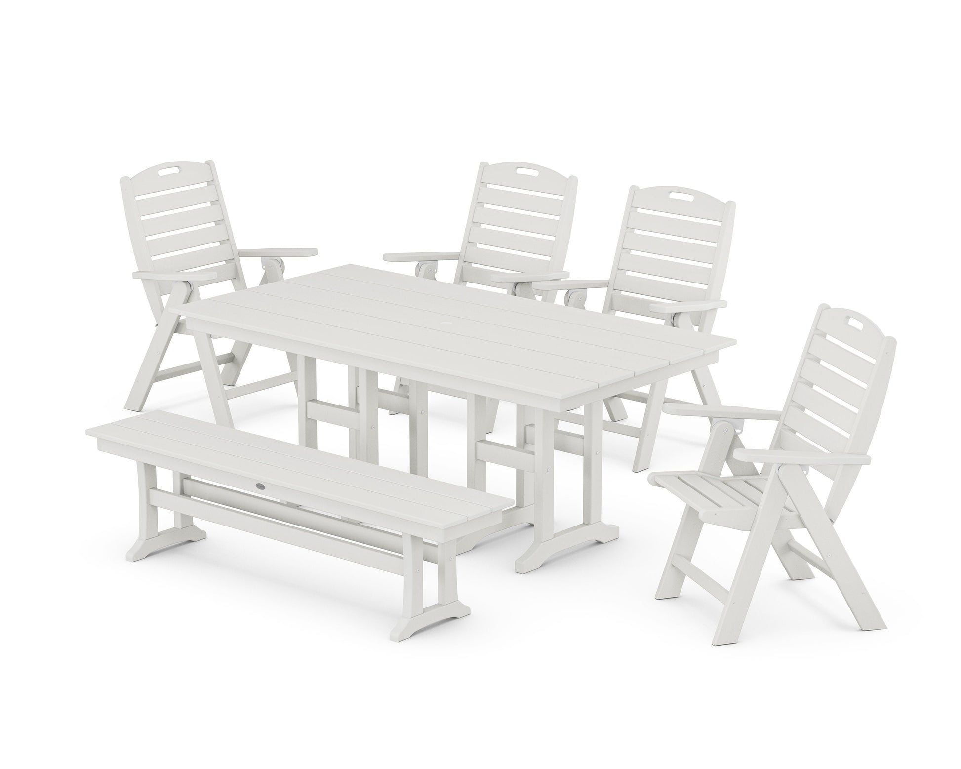 POLYWOOD Nautical Highback 6-Piece Farmhouse Dining Set with Bench — Vintage White