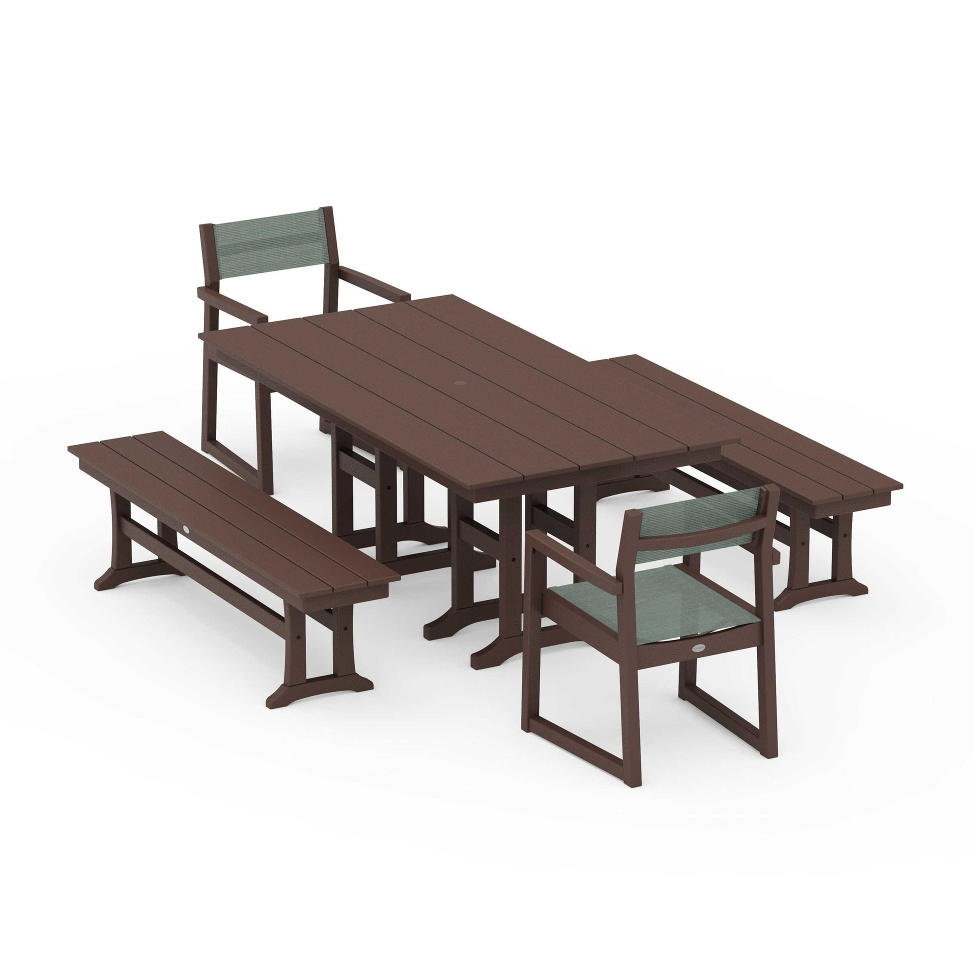 POLYWOOD EDGE Sling Arm Chair 5-Piece Farmhouse Dining Set with Benches — Mahogany / Dupioni Sea Mist Sling