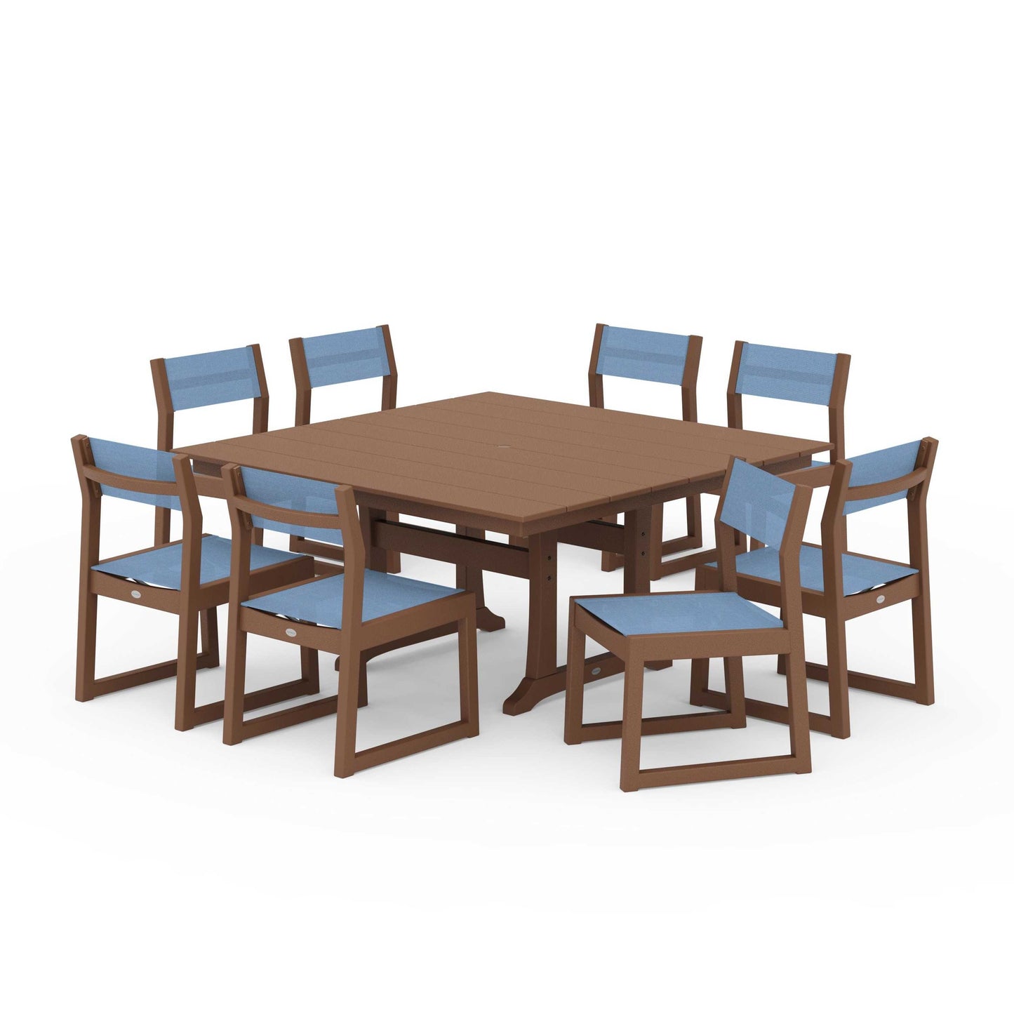 POLYWOOD EDGE Sling Side Chair 9-Piece Farmhouse Trestle Dining Set — Teak / Poolside Sling