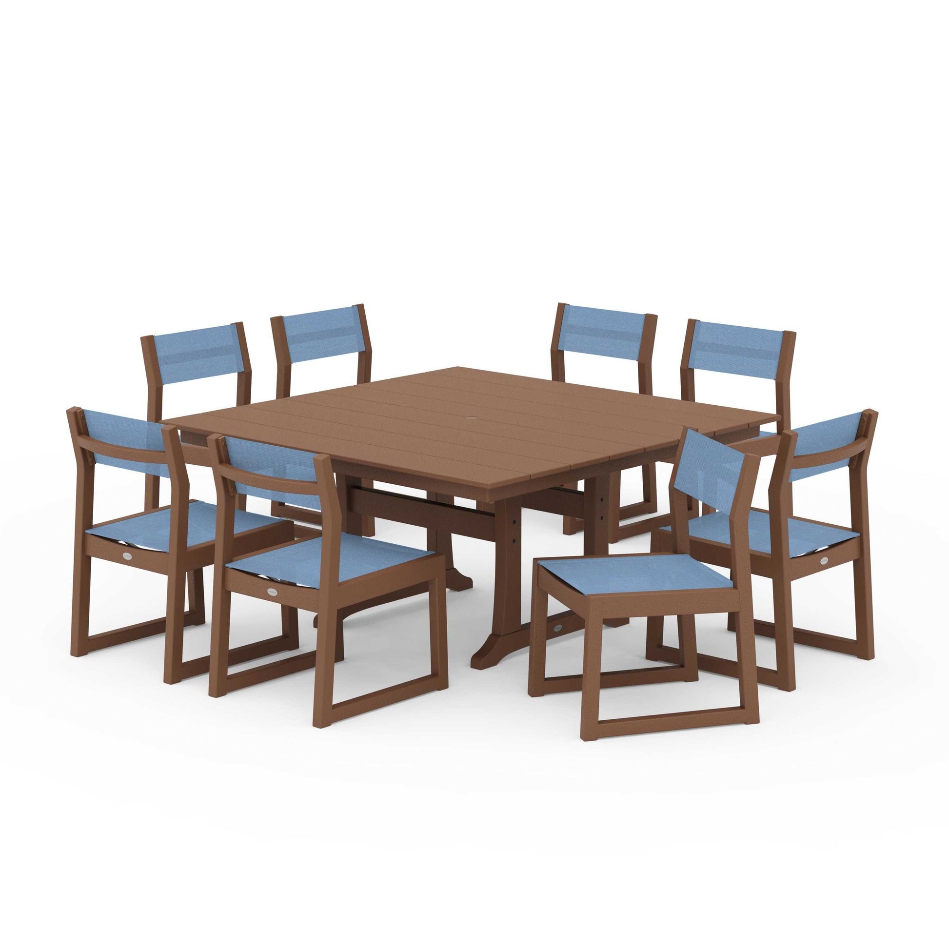 POLYWOOD EDGE Sling Side Chair 9-Piece Farmhouse Trestle Dining Set — Teak / Poolside Sling
