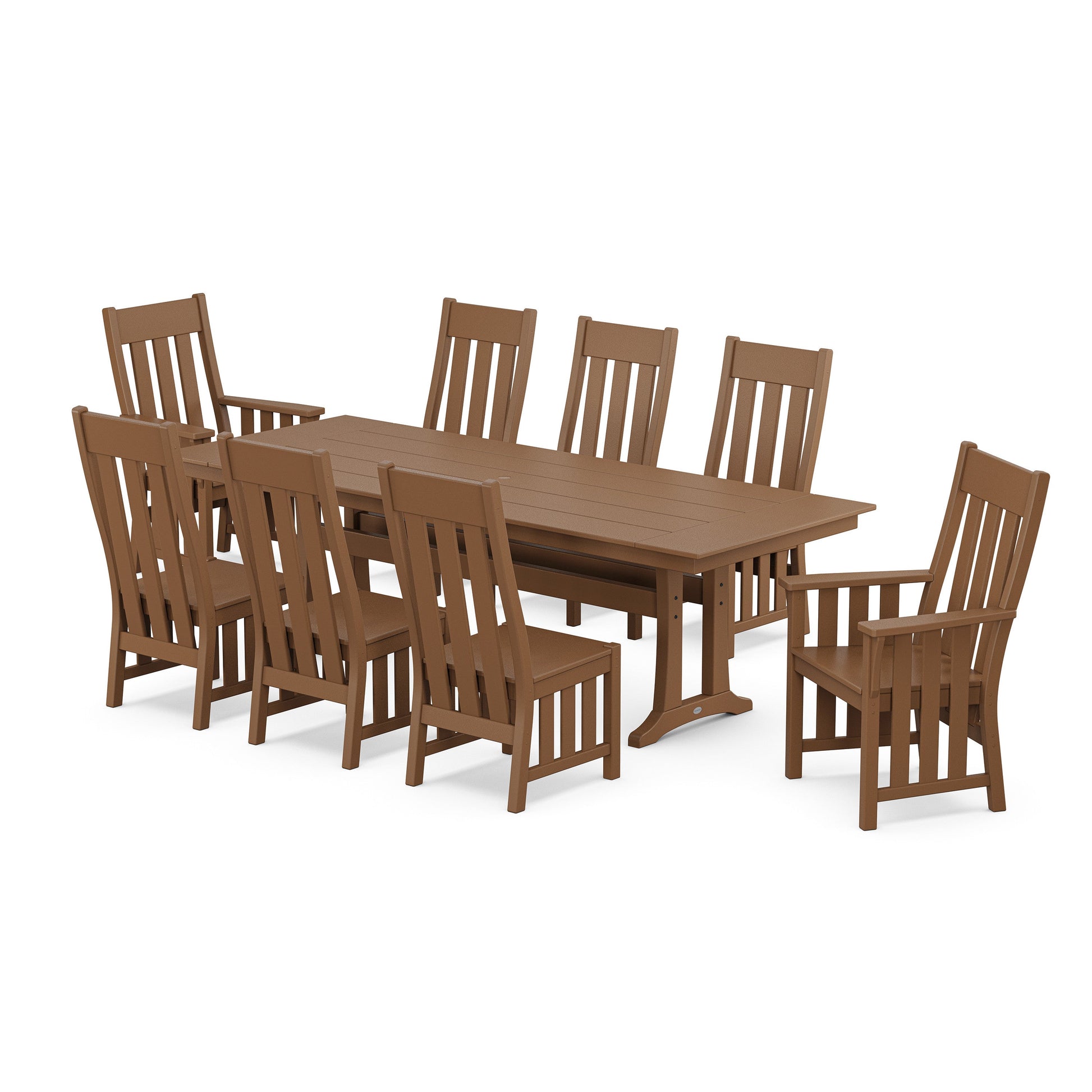 POLYWOOD Acadia 9-Piece Farmhouse Dining Set with Trestle Legs — Teak