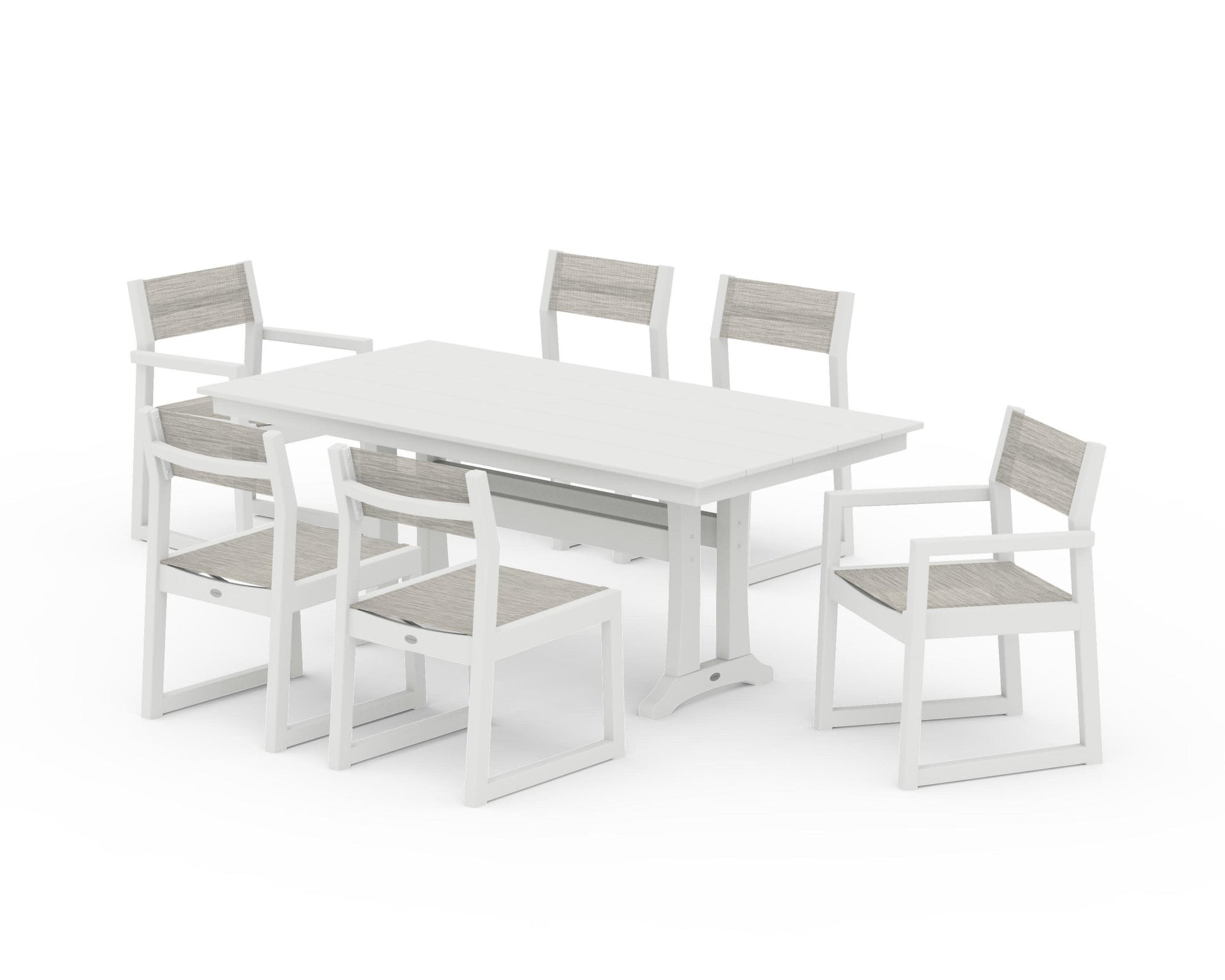 POLYWOOD EDGE Sling 7-Piece Farmhouse Trestle Dining Set — Vintage White / Birch Sling