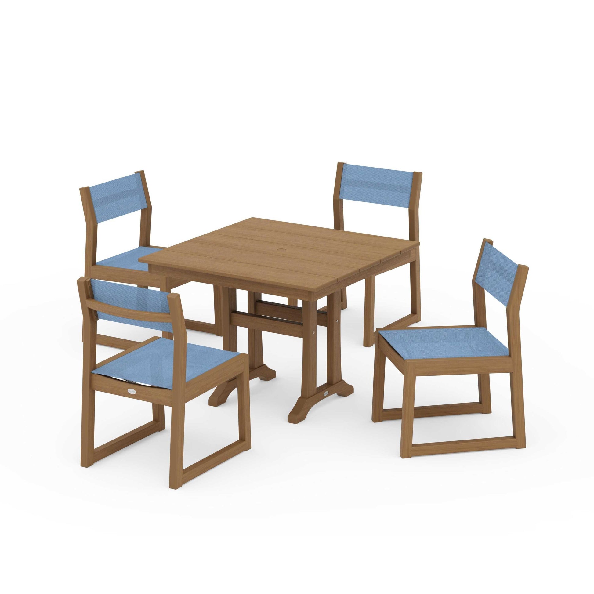 POLYWOOD EDGE Sling 5-Piece Farmhouse Trestle Side Chair Dining Set — Natural / Poolside Sling