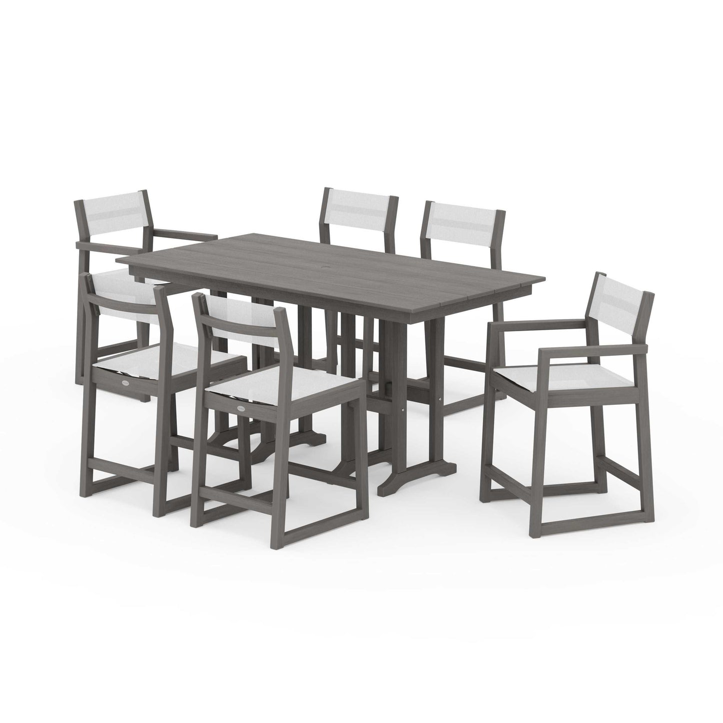 POLYWOOD EDGE Sling 7-Piece Farmhouse Counter Set with Trestle Legs — Driftwood / White Sling