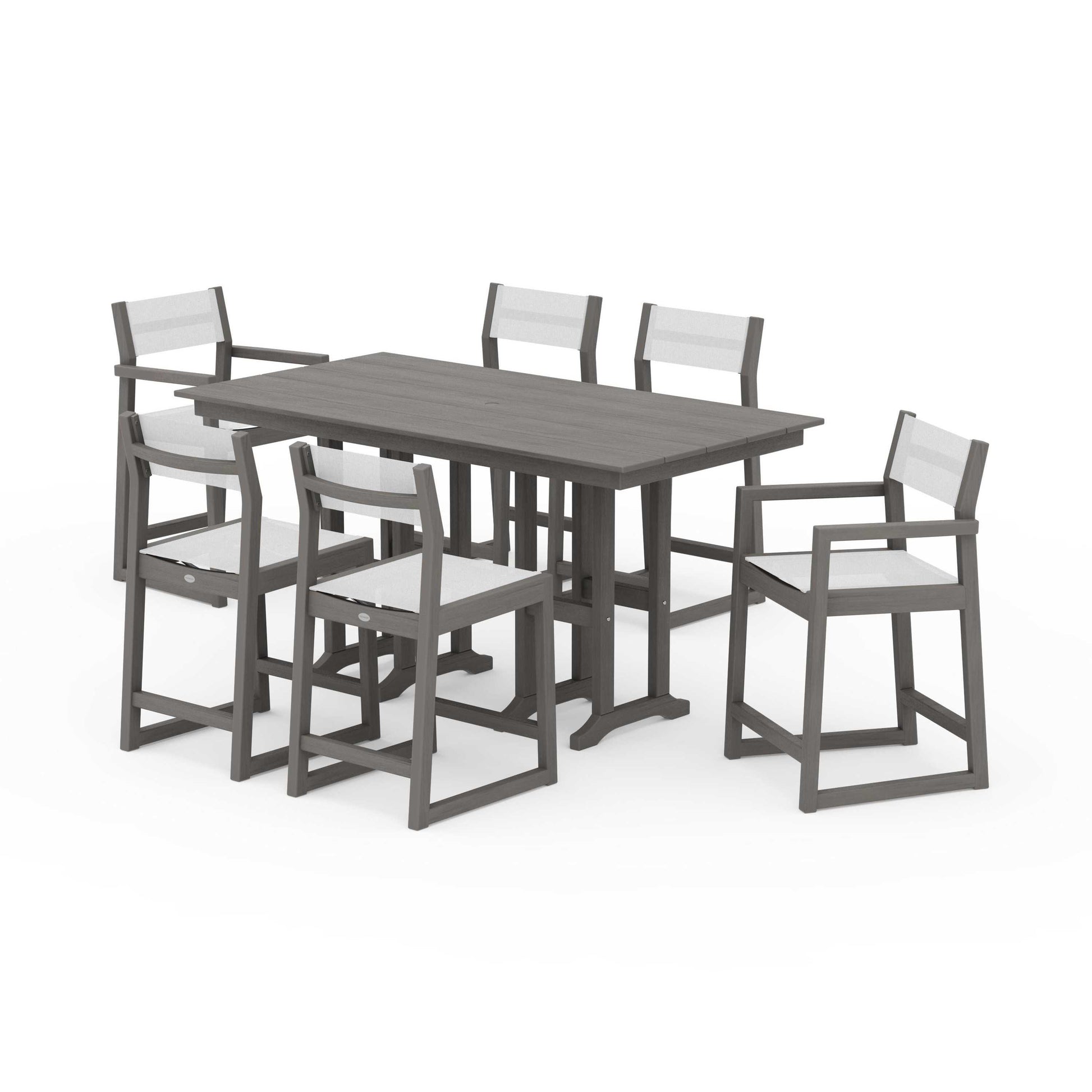 POLYWOOD EDGE Sling 7-Piece Farmhouse Counter Set with Trestle Legs — Driftwood / White Sling