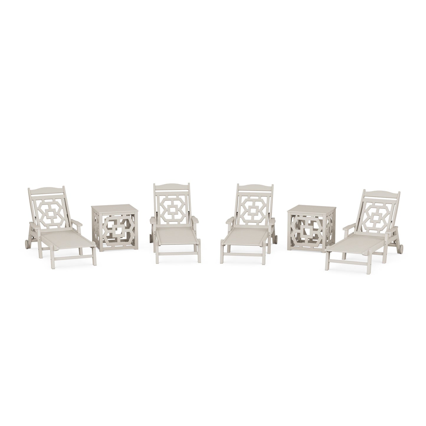 POLYWOOD Chinoiserie 6-Piece Chaise Set with Umbrella Stand Accent Table — Sand