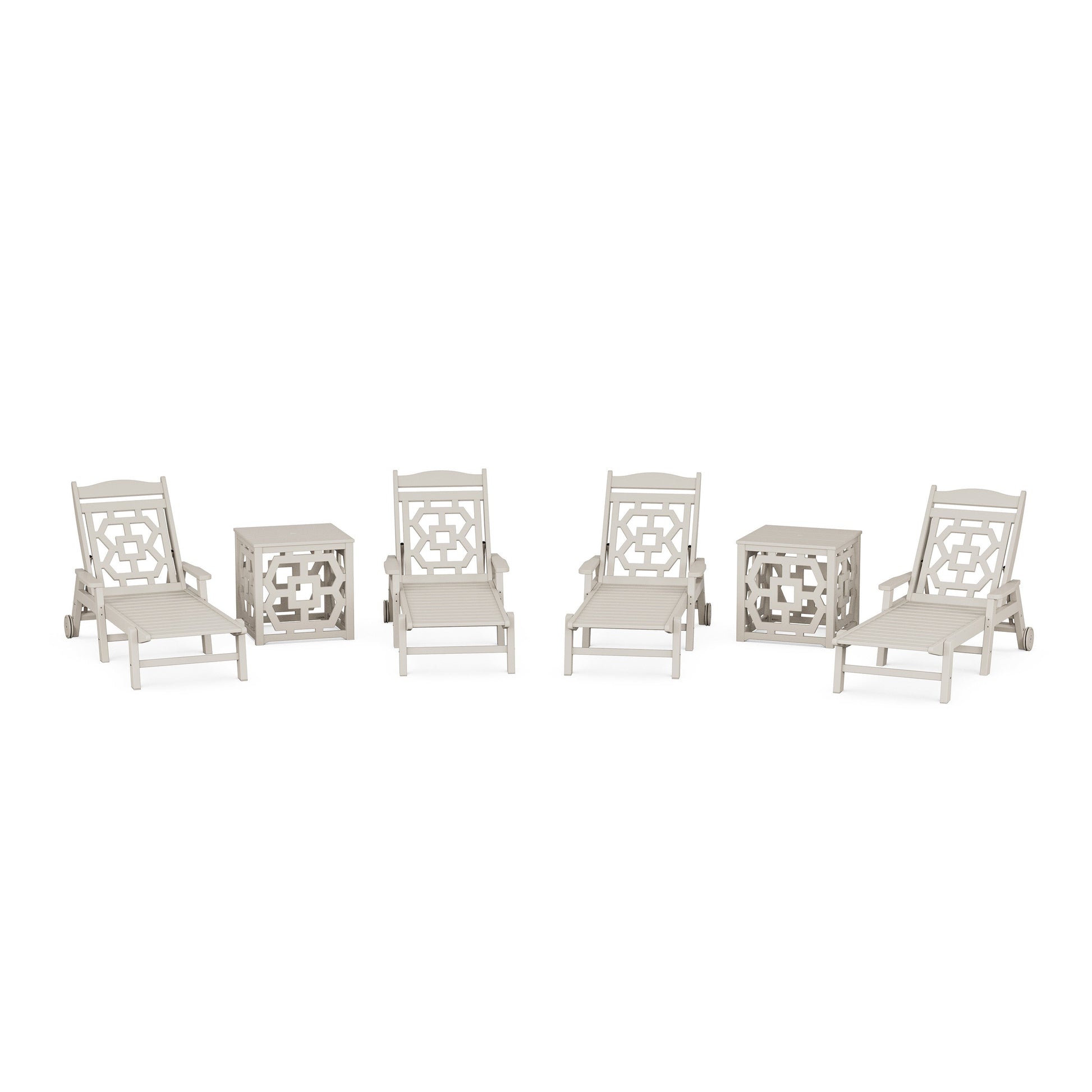 POLYWOOD Chinoiserie 6-Piece Chaise Set with Umbrella Stand Accent Table — Sand