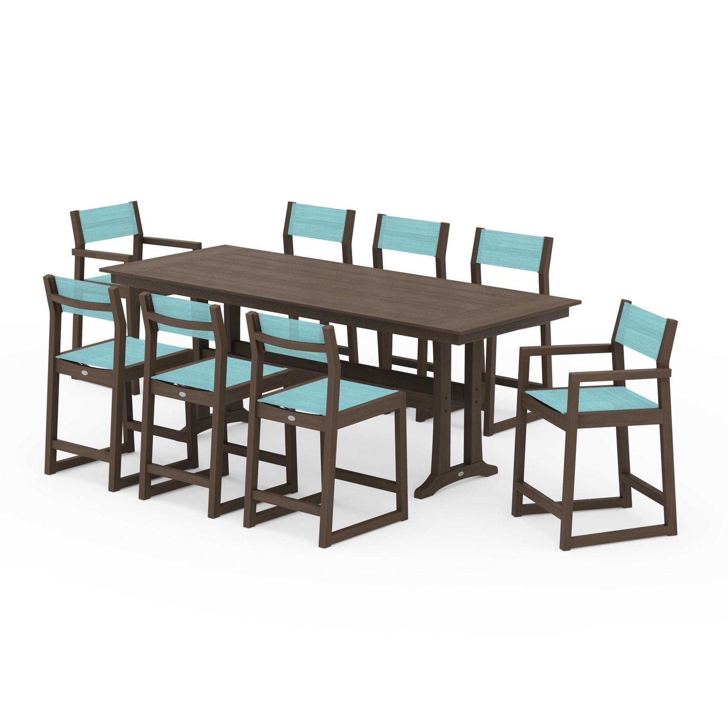 POLYWOOD EDGE Sling 9-Piece Farmhouse Counter Set with Trestle Legs — Kona / Dupioni Aquamarine Sling