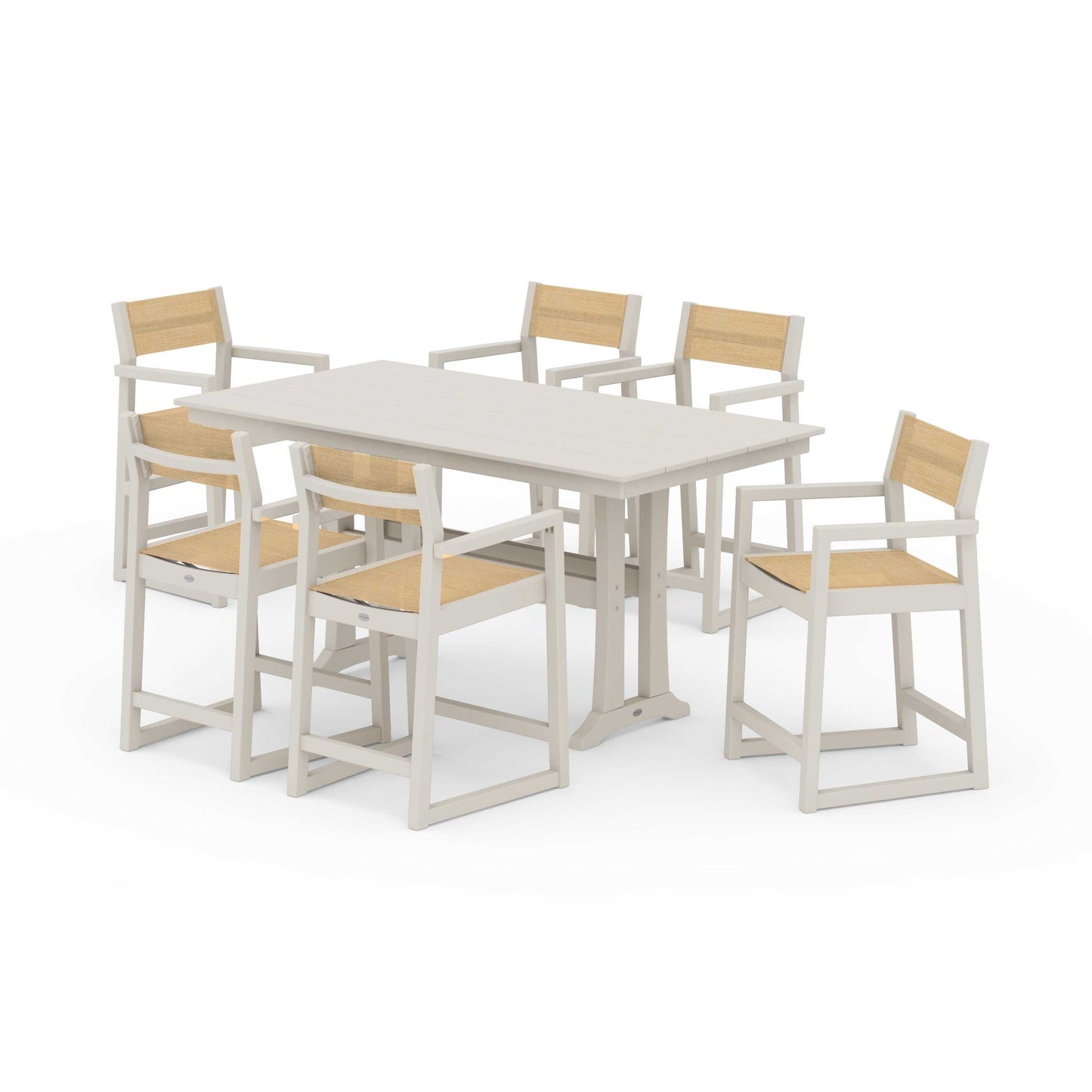 POLYWOOD EDGE Sling Arm Chair 7-Piece Farmhouse Counter Set with Trestle Legs — Sand / Dupioni Apricot Sling