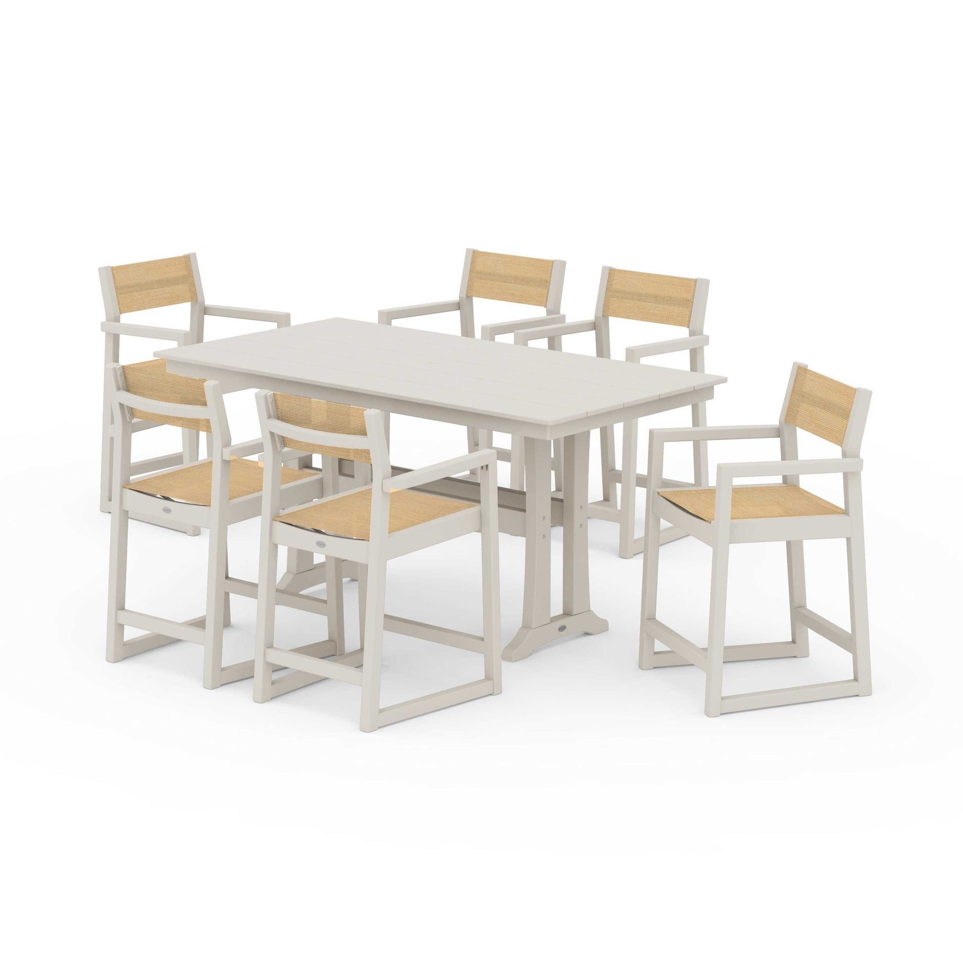 POLYWOOD EDGE Sling Arm Chair 7-Piece Farmhouse Counter Set with Trestle Legs — Sand / Dupioni Apricot Sling