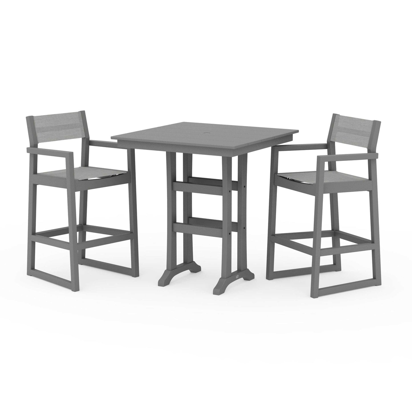 POLYWOOD EDGE Sling Arm Chair 3-Piece Farmhouse Bar Set with Trestle Legs — Slate Grey / Metallic Sling
