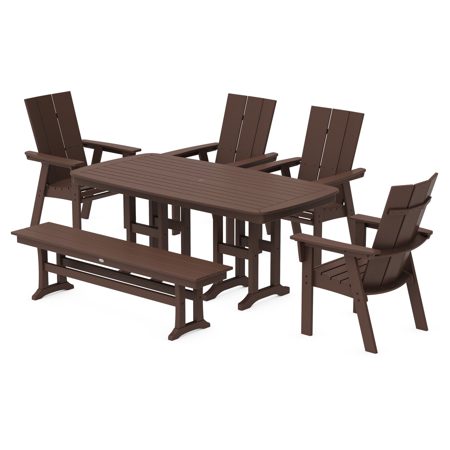 POLYWOOD Modern Curveback Adirondack 6-Piece Dining Set with Bench — Mahogany