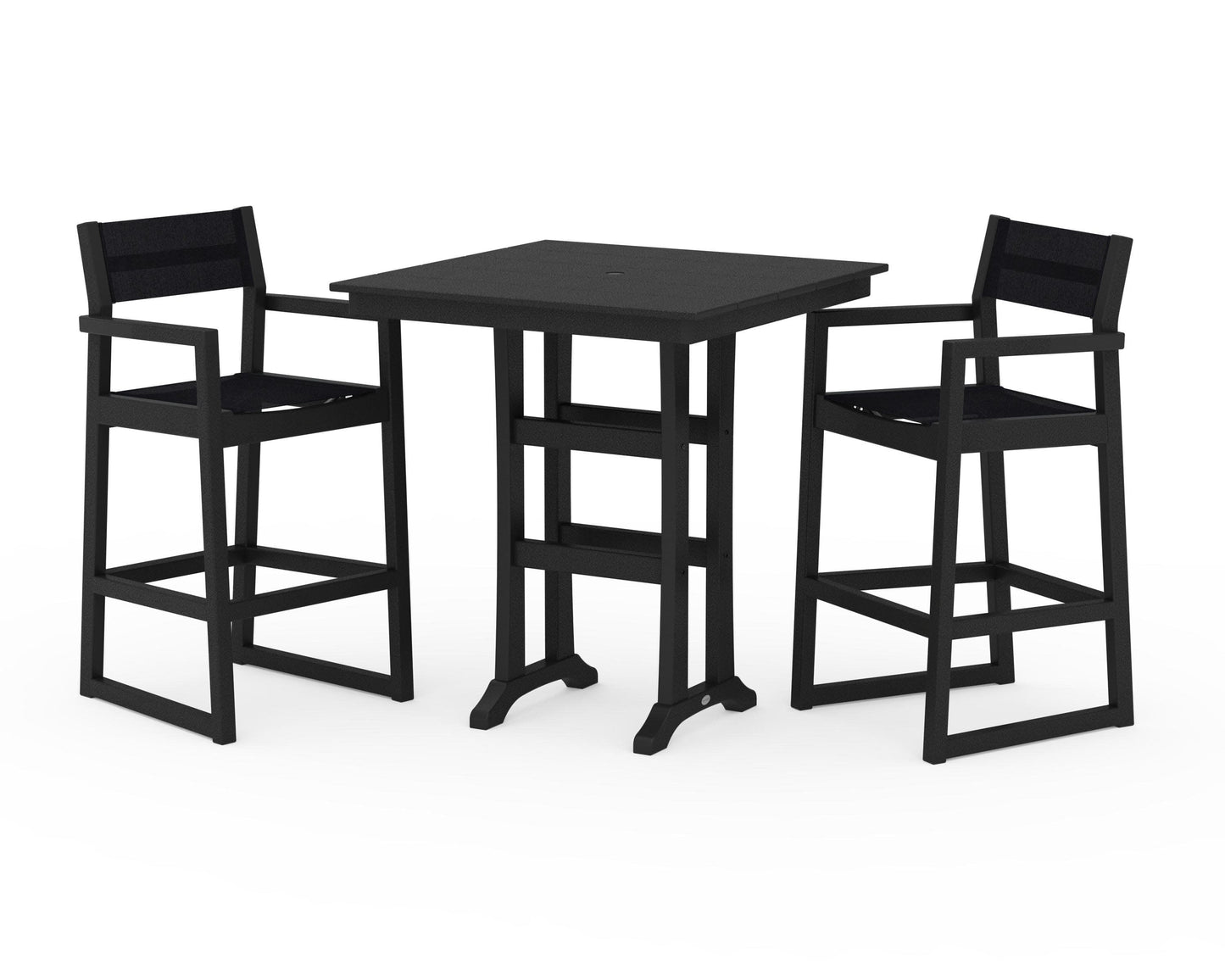 POLYWOOD EDGE Sling Arm Chair 3-Piece Farmhouse Bar Set with Trestle Legs — Black / Black Sling