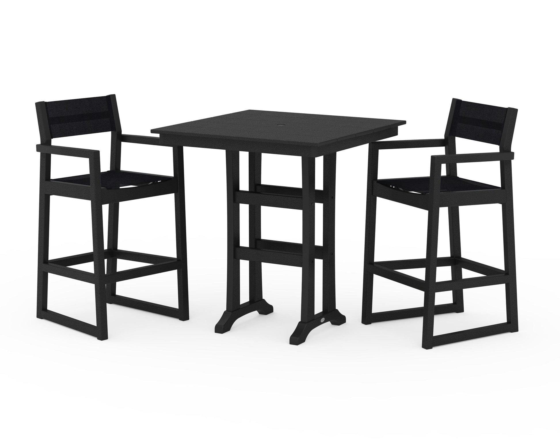 POLYWOOD EDGE Sling Arm Chair 3-Piece Farmhouse Bar Set with Trestle Legs — Black / Black Sling